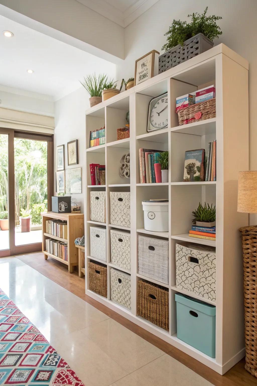 Dual-purpose shelves offer style and storage solutions.