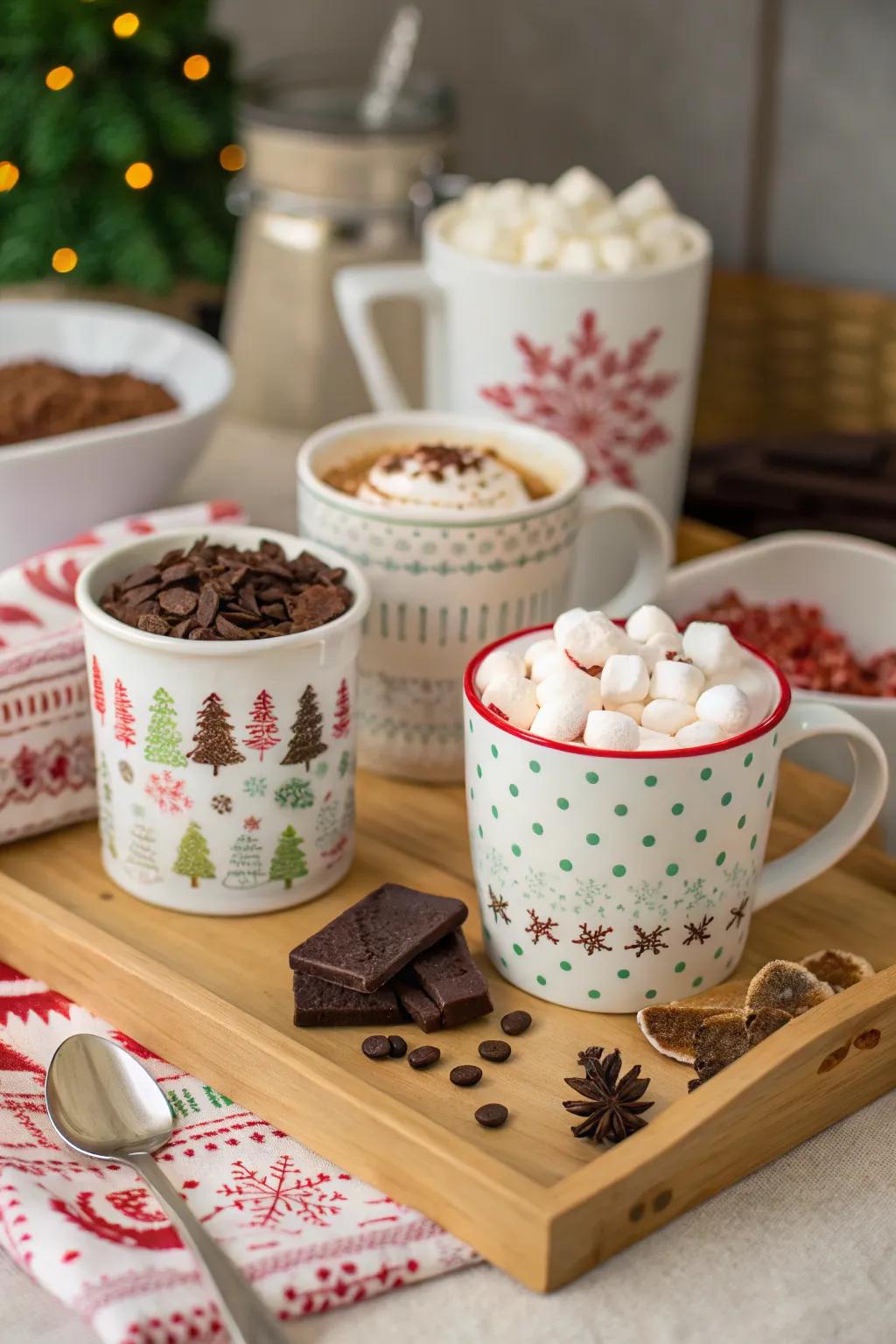 An appealing hot cocoa corner adorned with a variety of toppings.