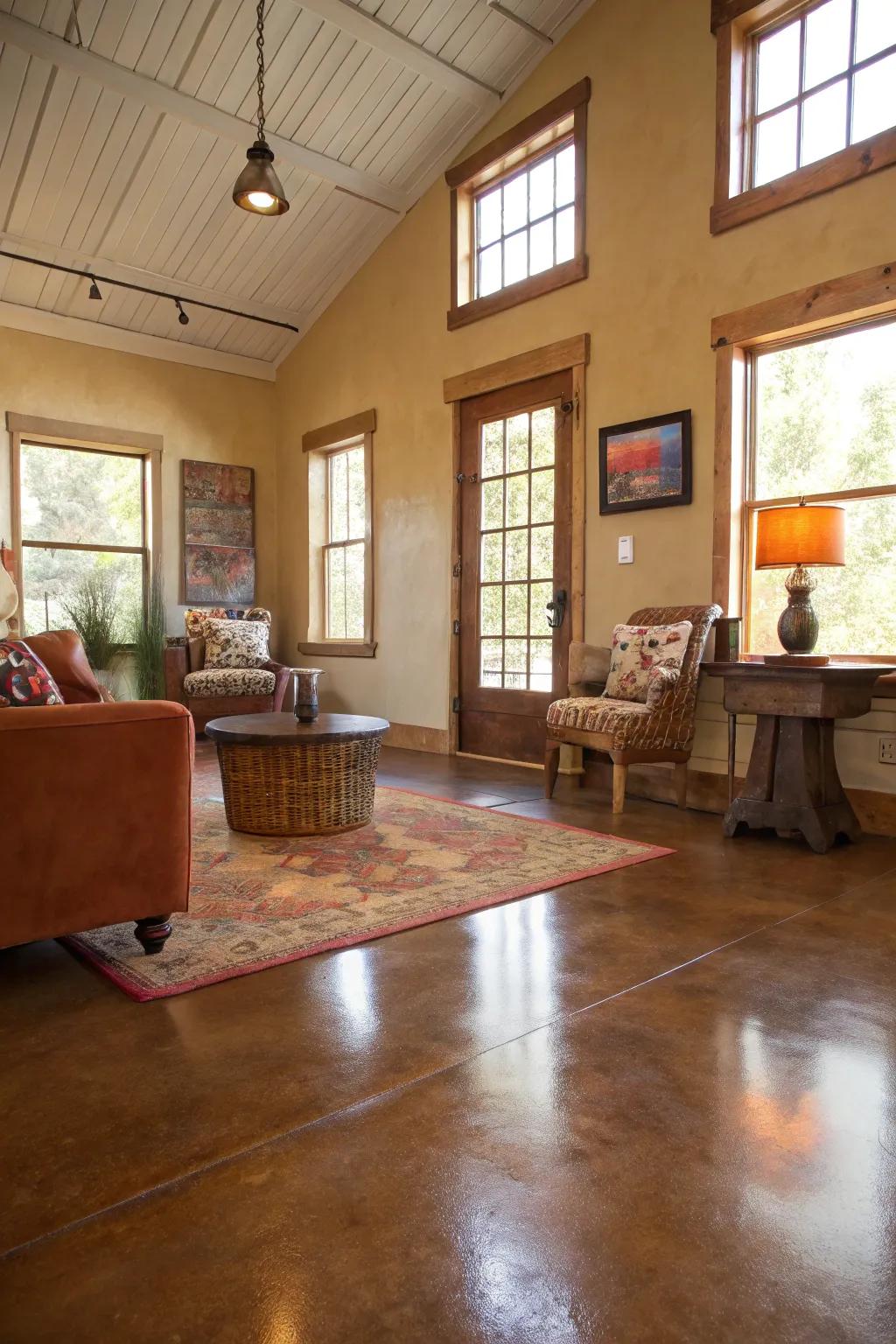 Stained concrete floors add warmth and character.