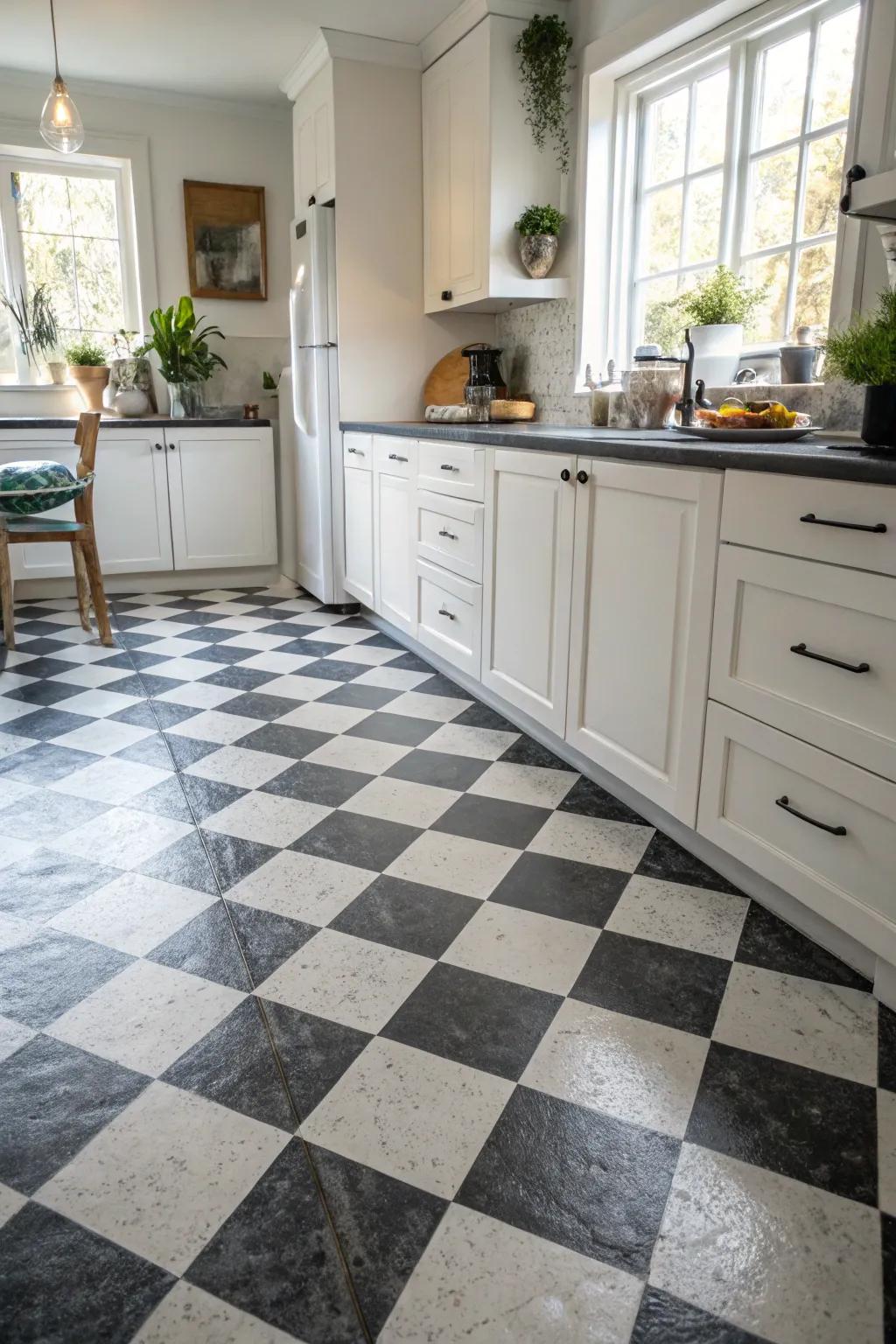 A timeless checkerboard pattern imparts a vintage flair to this contemporary kitchen.