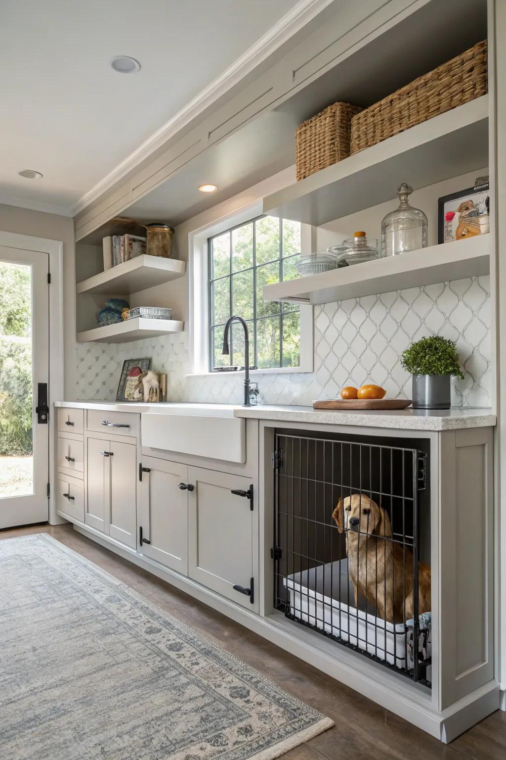 An unexpected treasure: your dog's sanctuary thoughtfully embedded into the kitchen cabinetry.