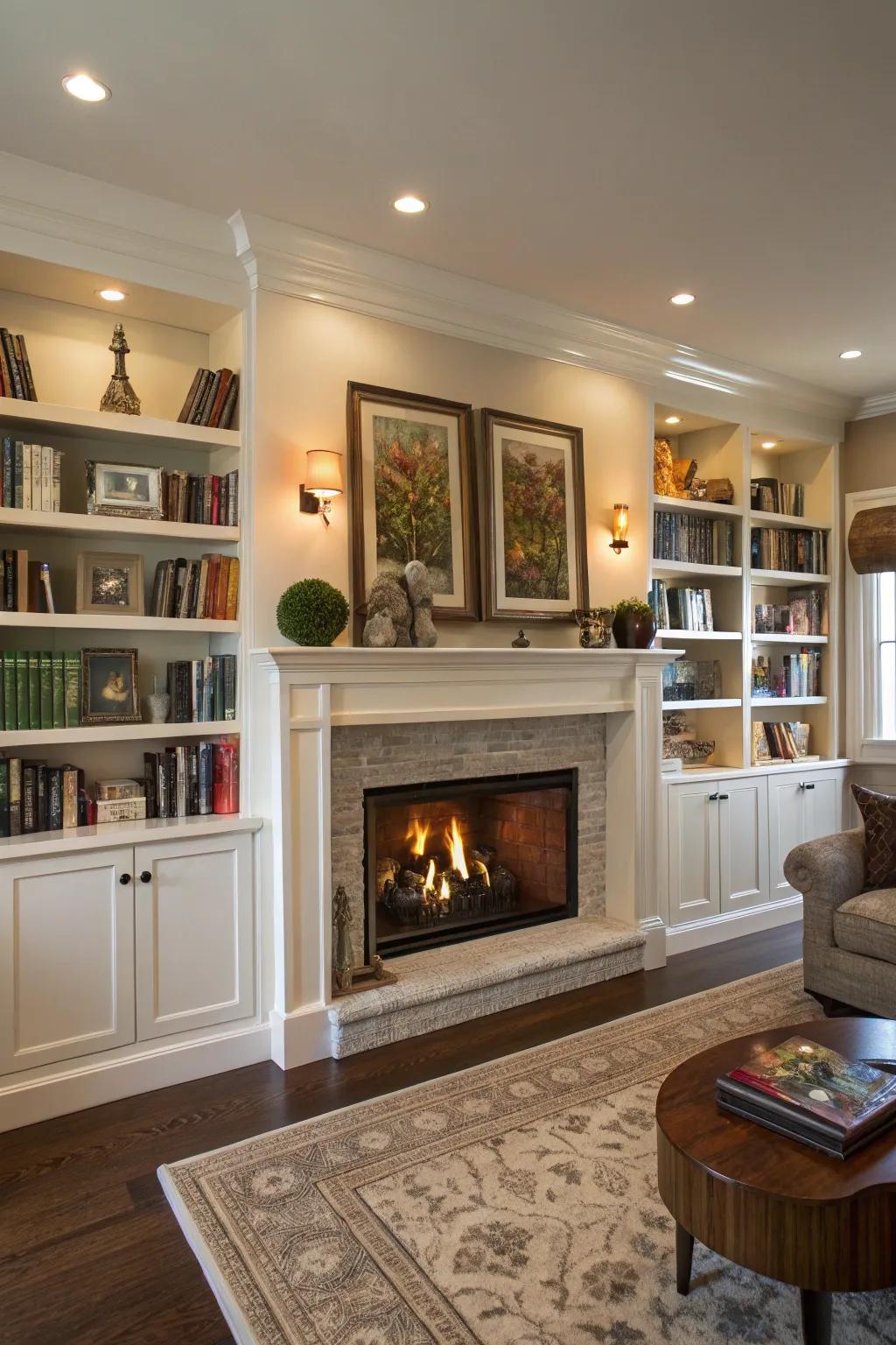 A family room featuring a fireplace encompassed by integrated shelves filled with books and ornamental pieces.
