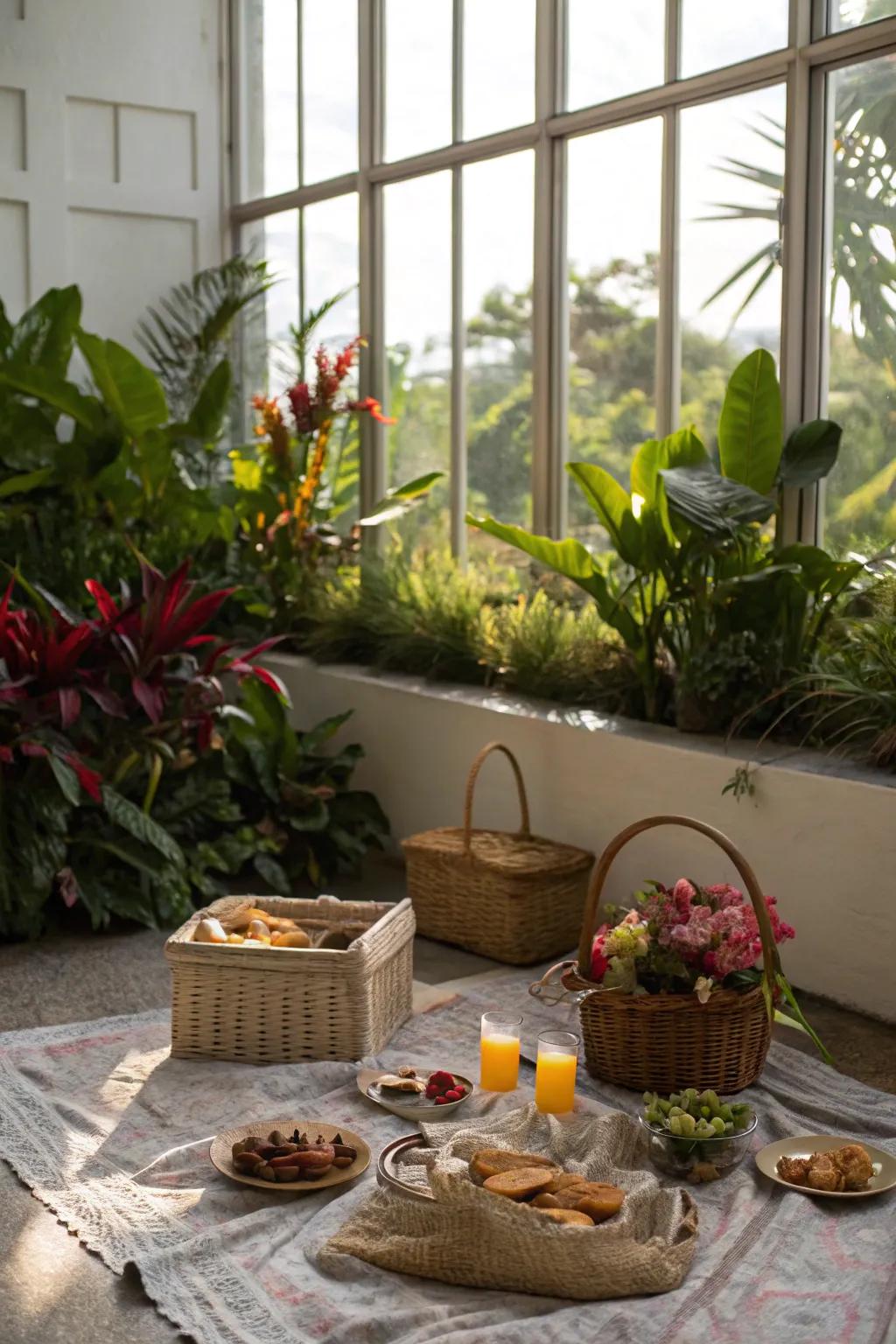 A scenic window view with houseplants improves the picnic experience.