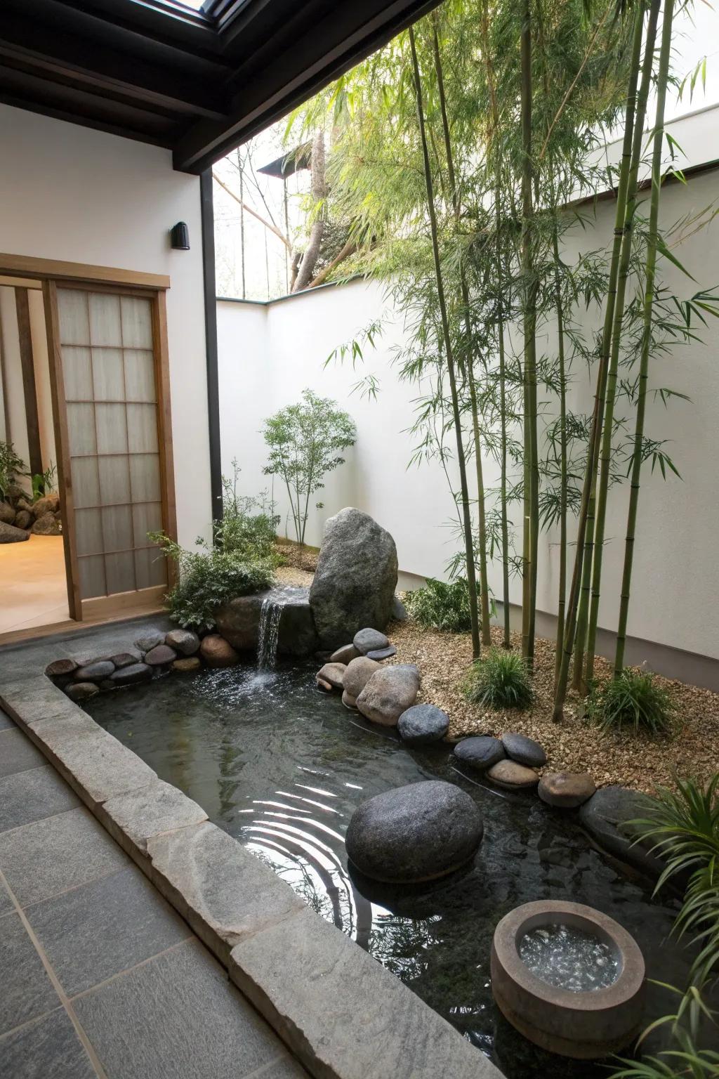 A Zen meditation pond invites tranquility indoors.