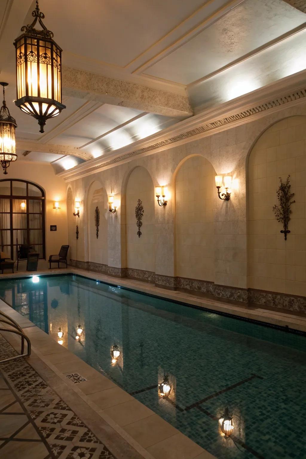 An inside pool boasting calming atmospheric glow
