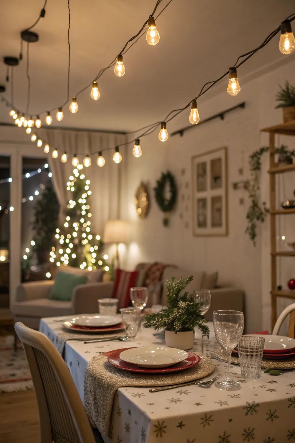 Install cheerful twinkle lights above your dining table to amplify your dining experience.
