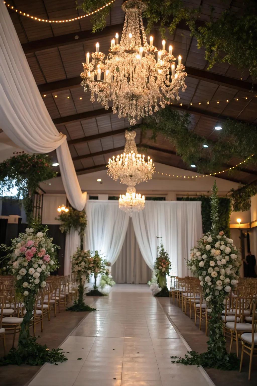 Lighting fixtures adding a sophisticated touch to the wedding design.