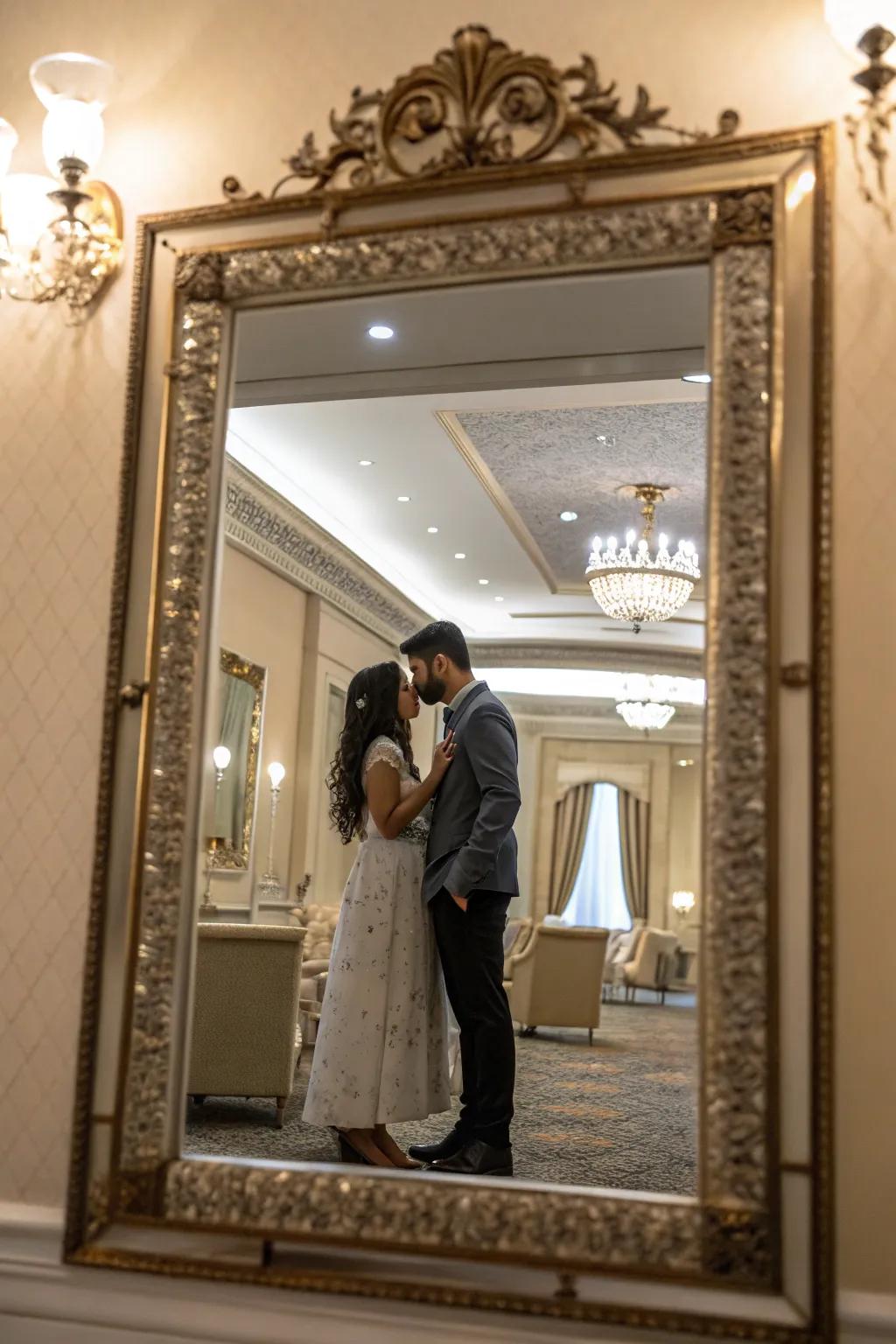 Reflections introduce depth and fascination to wedding photographs.