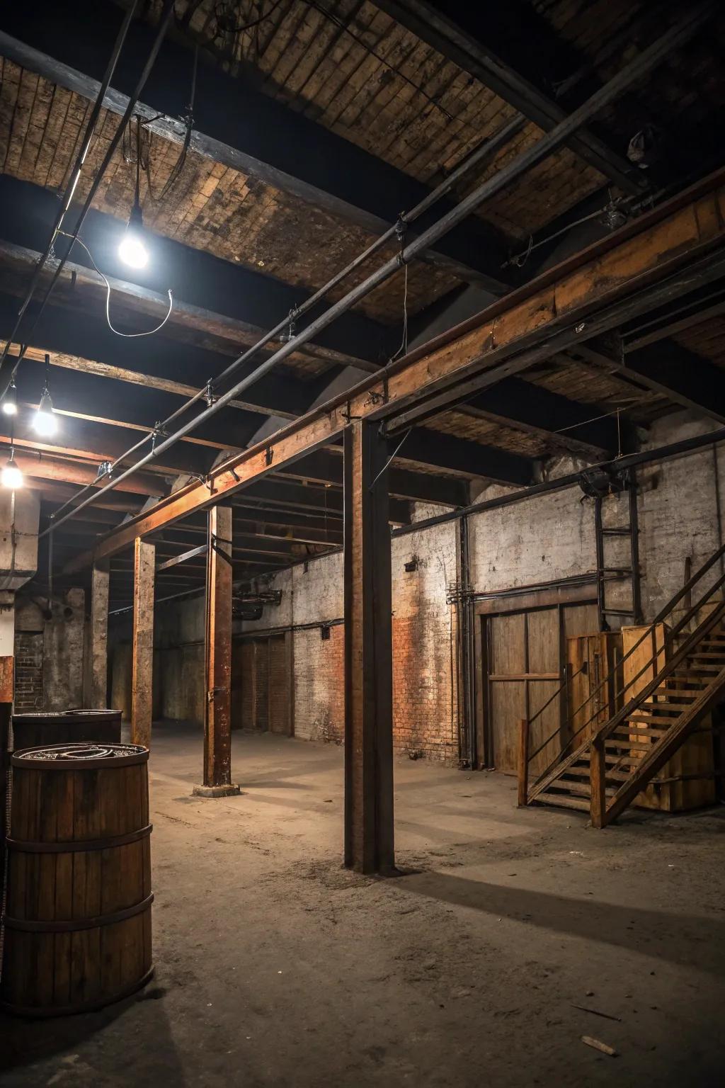 Metal and wood elements create a rustic touch.