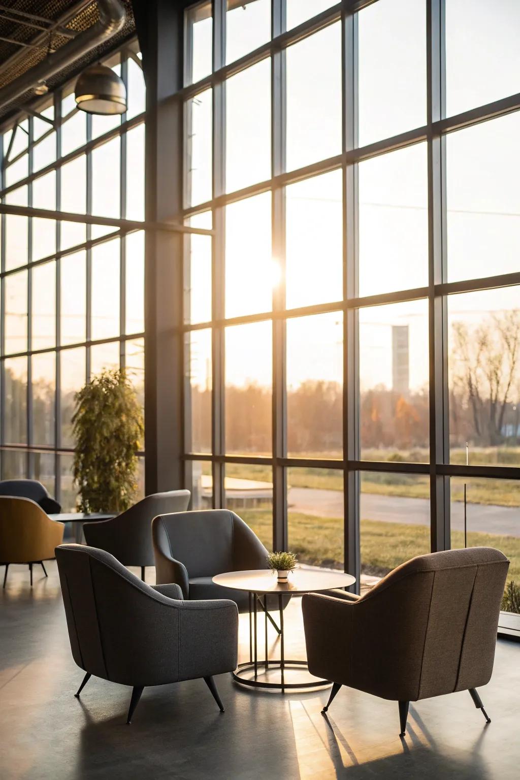 Broad panes bathe the area in natural light, intensifying the industrial sentiment.