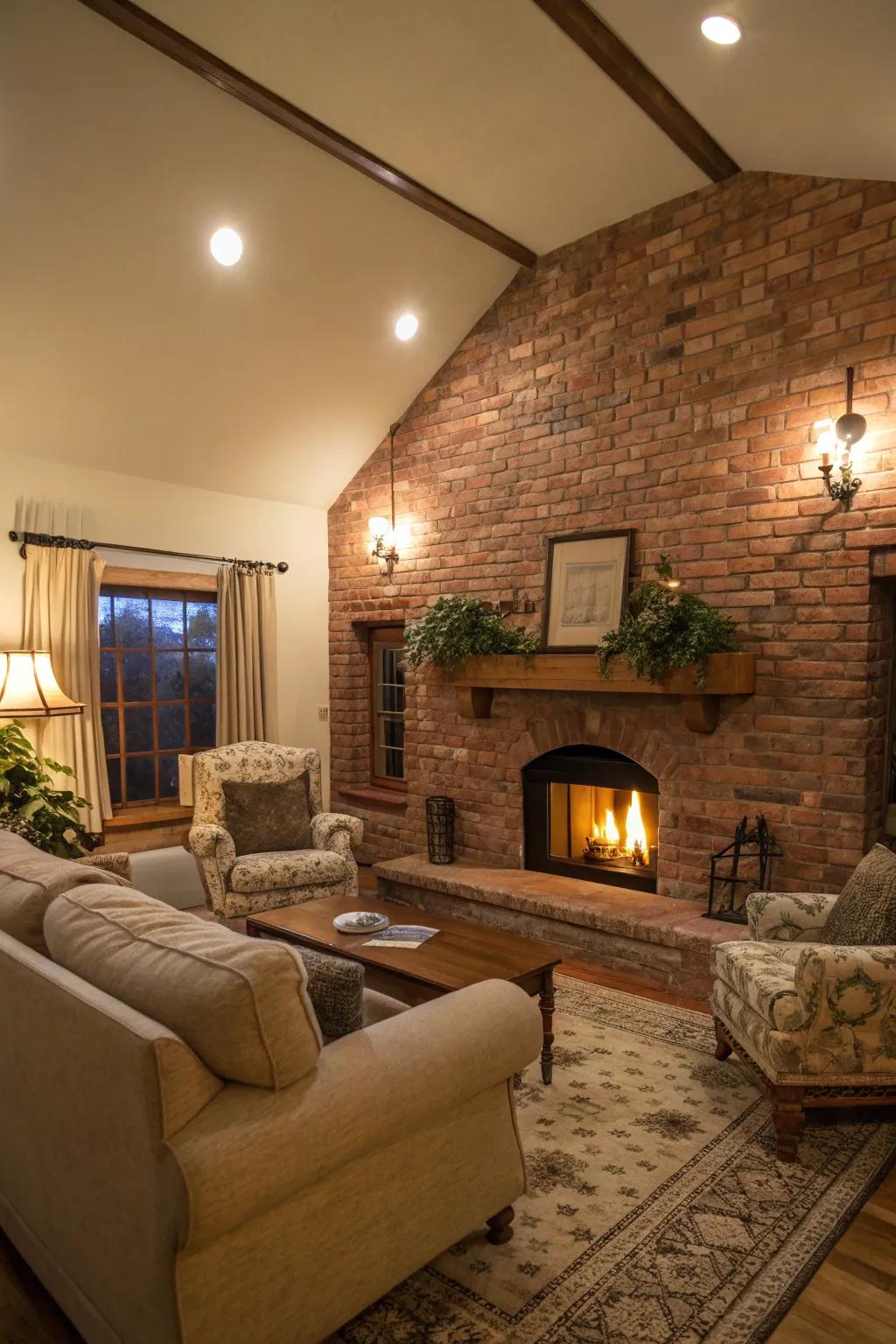A cozy fireplace featuring a brick foundation, ideal for welcoming and inviting family get-togethers.