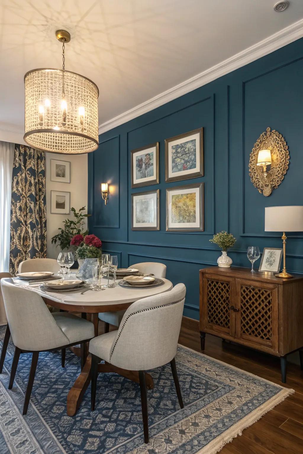 A deep blue feature wall gives a dramatic feel to this dining zone.