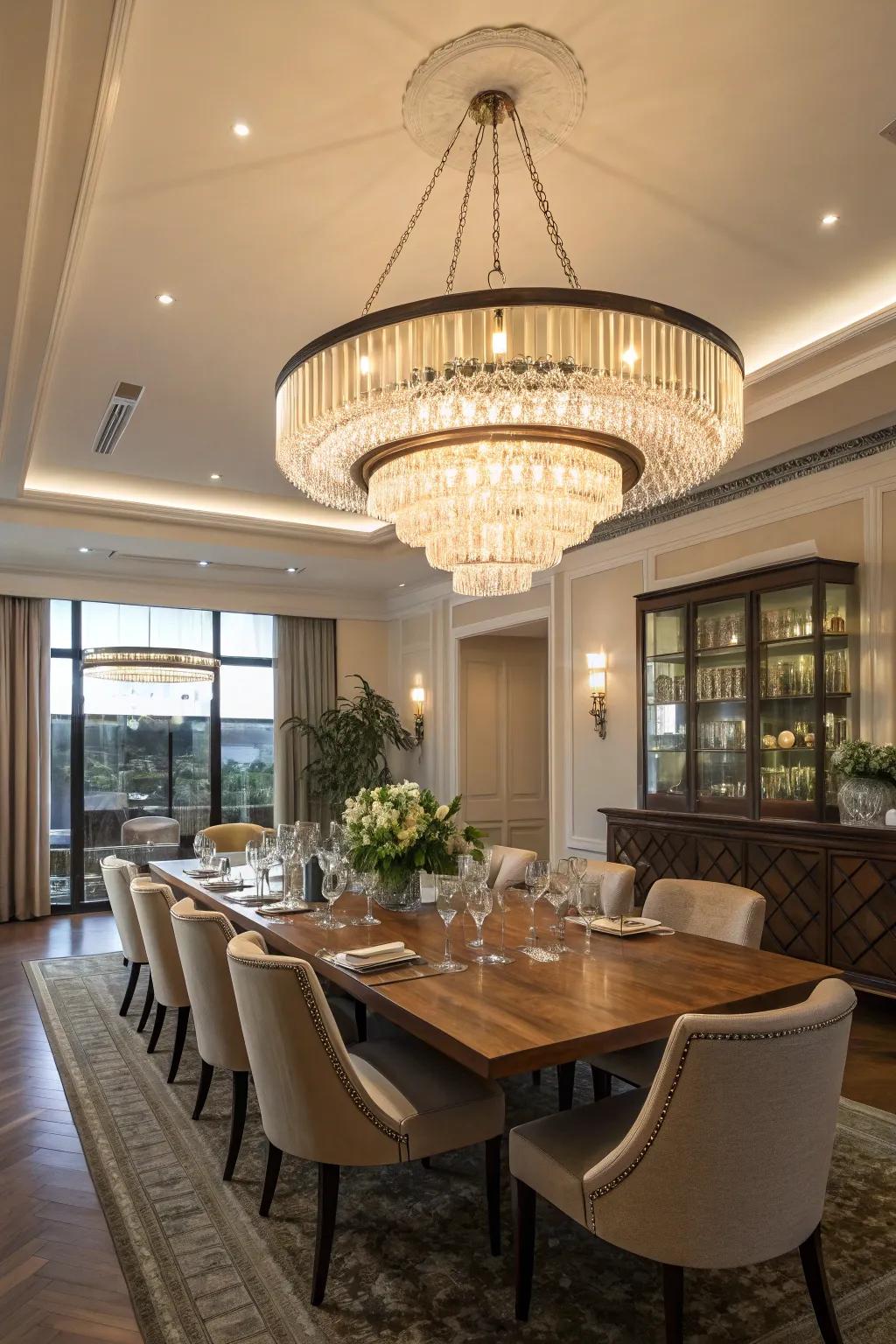 An eye-catching contemporary chandelier functions as a central feature in a dining space.