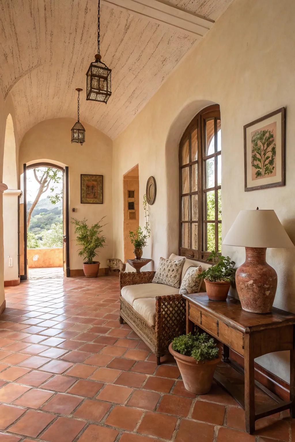 Earthy colors foster a welcoming and cozy vibe reminiscent of the Mediterranean.