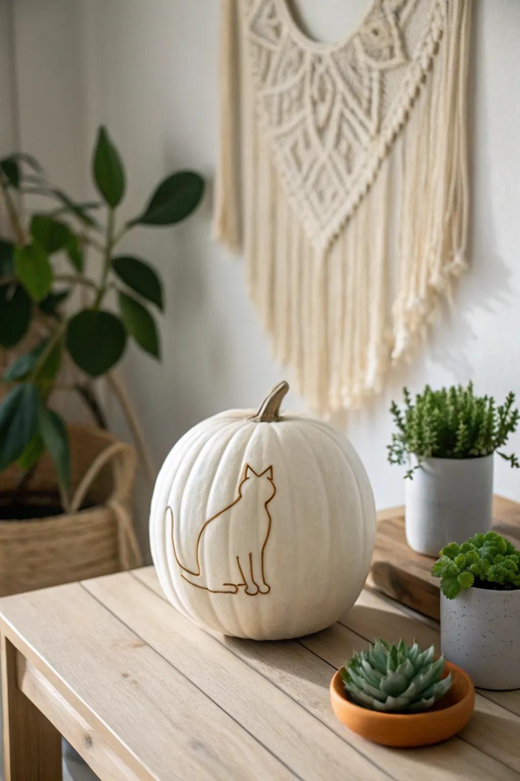 Purr-fectly sculpted: A minimalist feline outline jack-o'-lantern for a snug, chic Halloween.