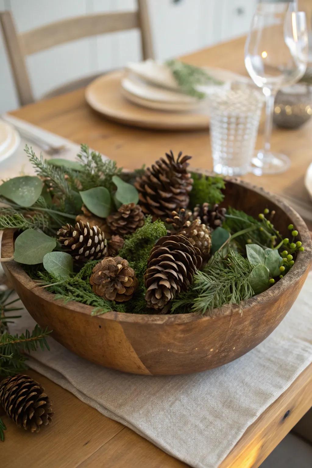 Bring nature inside with pinecones and greenery.