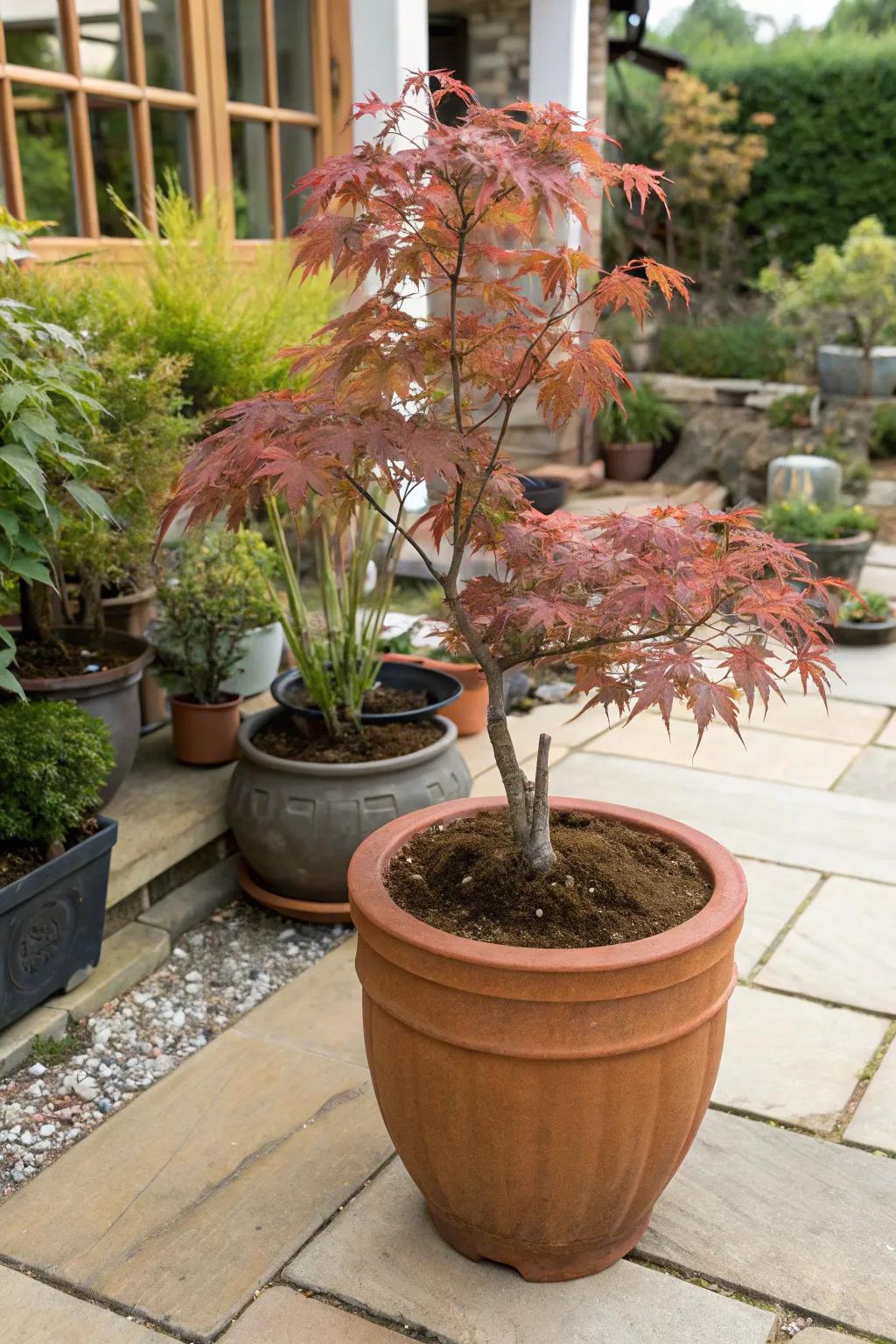 A Japanese maple radiating warmth within a terracotta pot.