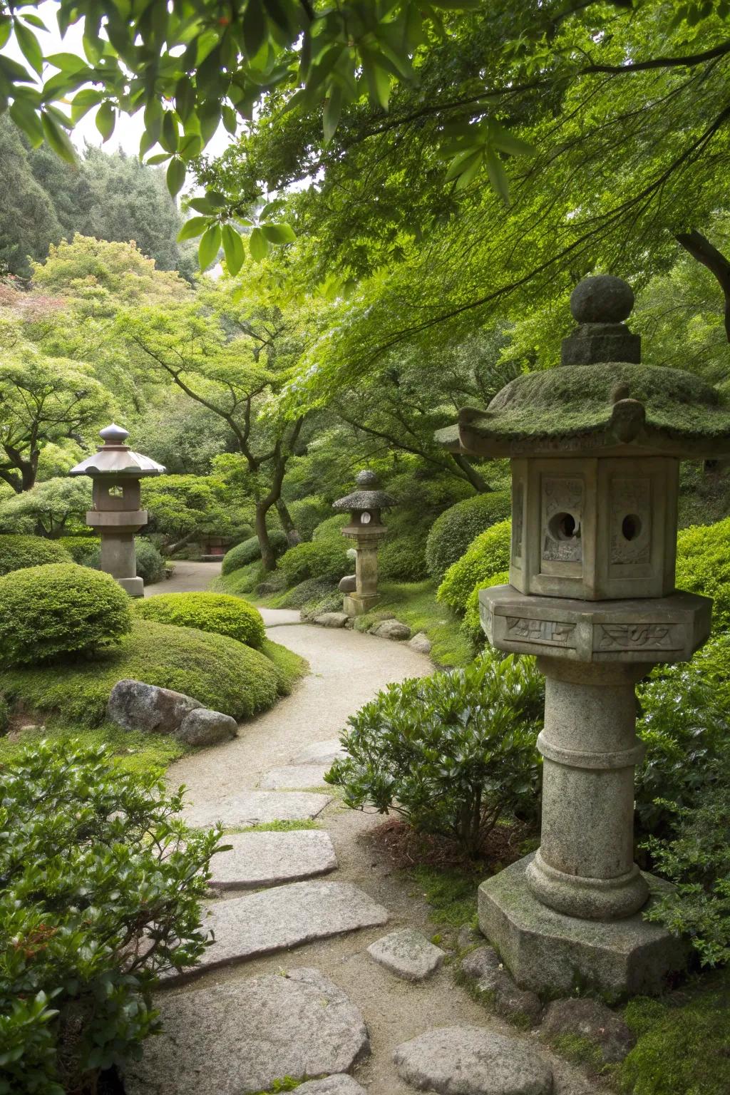 Classic stone lanterns nestled among plants in a Japanese garden.