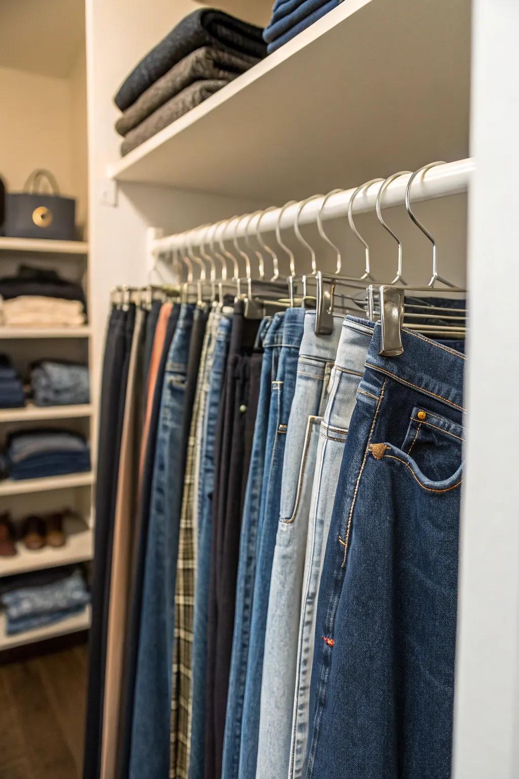 Use S-hooks for a smart vertical jeans storage solution.