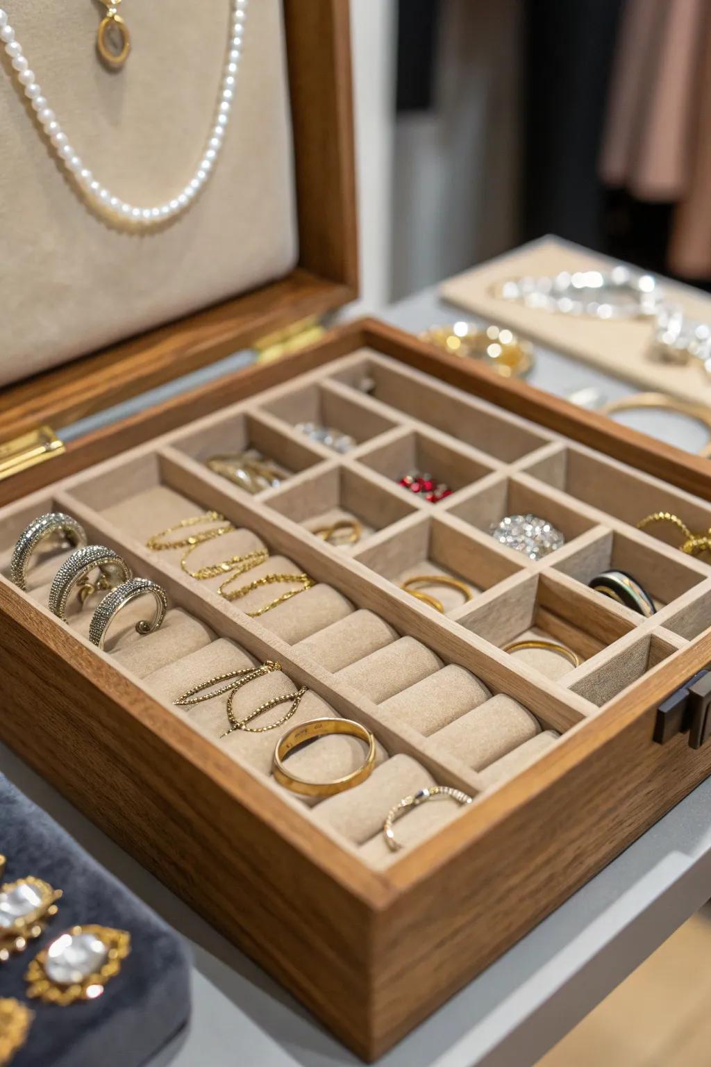 Drawer arranged with jewelry neatly