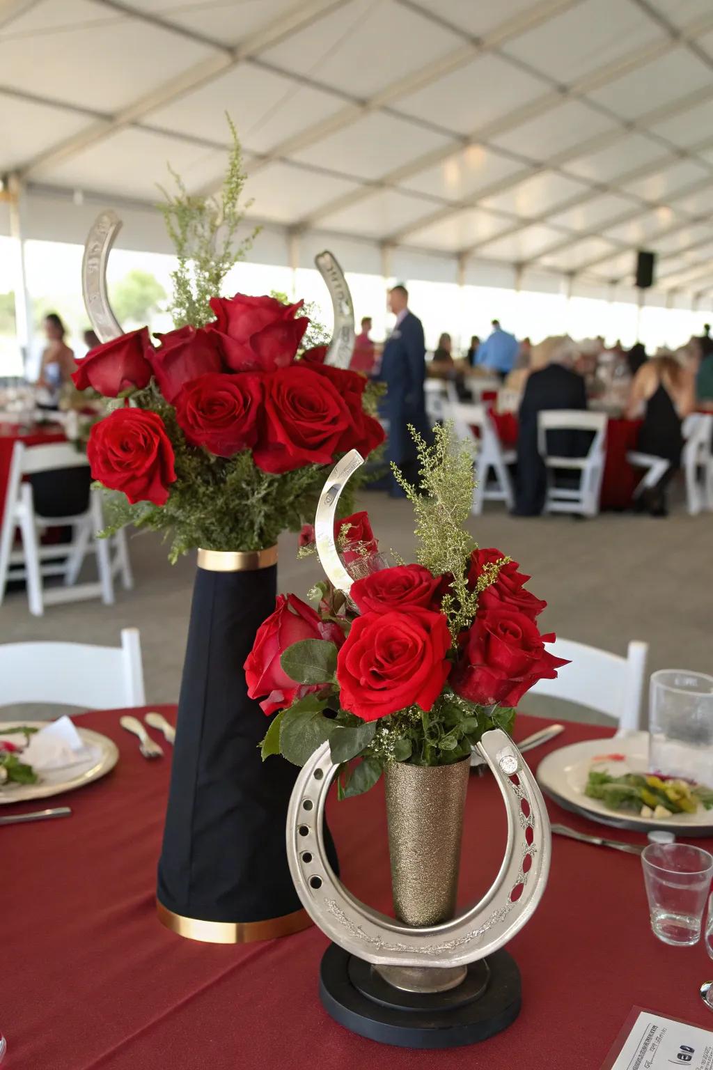 A captivating centerpiece featuring horseshoes and roses, perfect for a Grand National festivity.