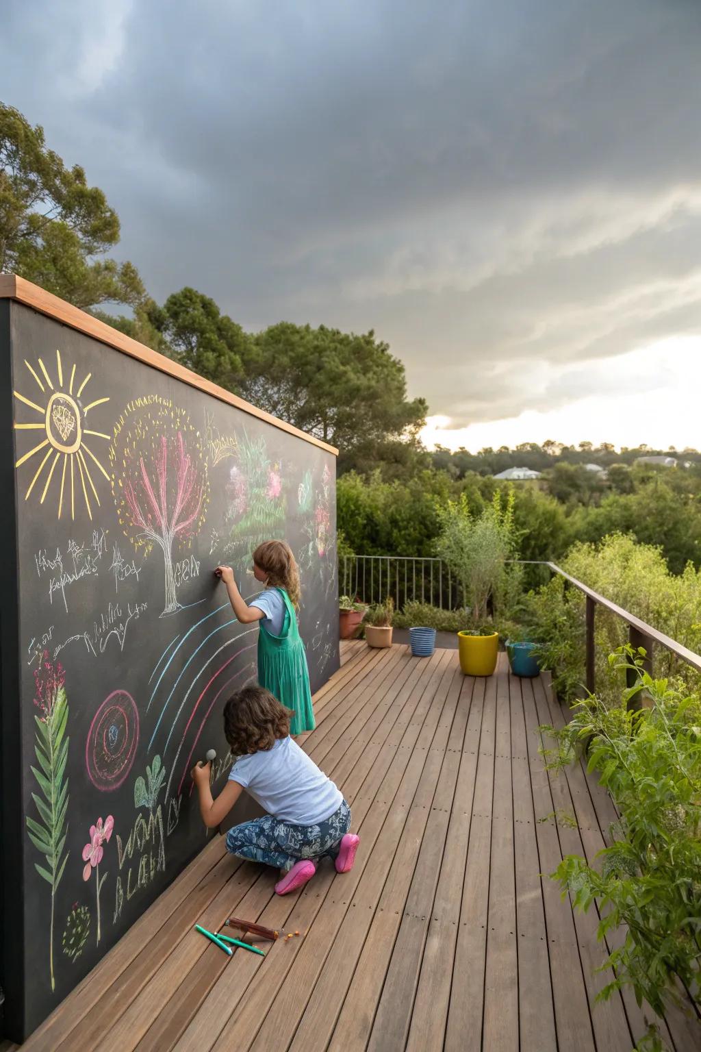 An outdoor deck featuring a large chalkboard wall where children are creating art with colorful chalk.