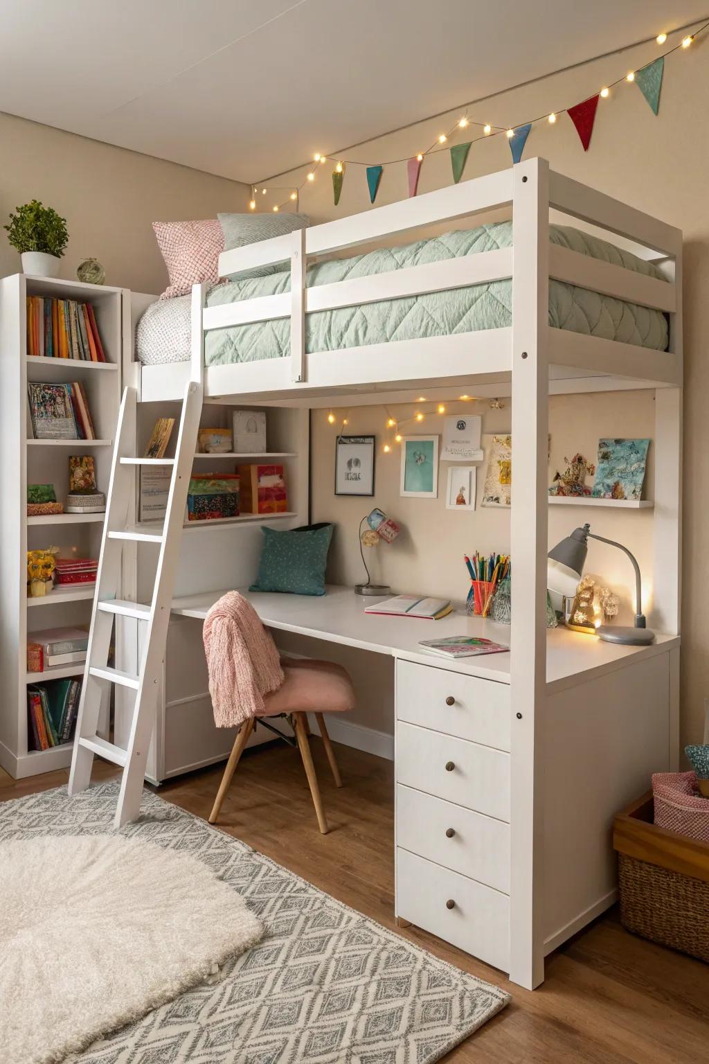 Get the most out of your space with a practical high rise bed and study area.