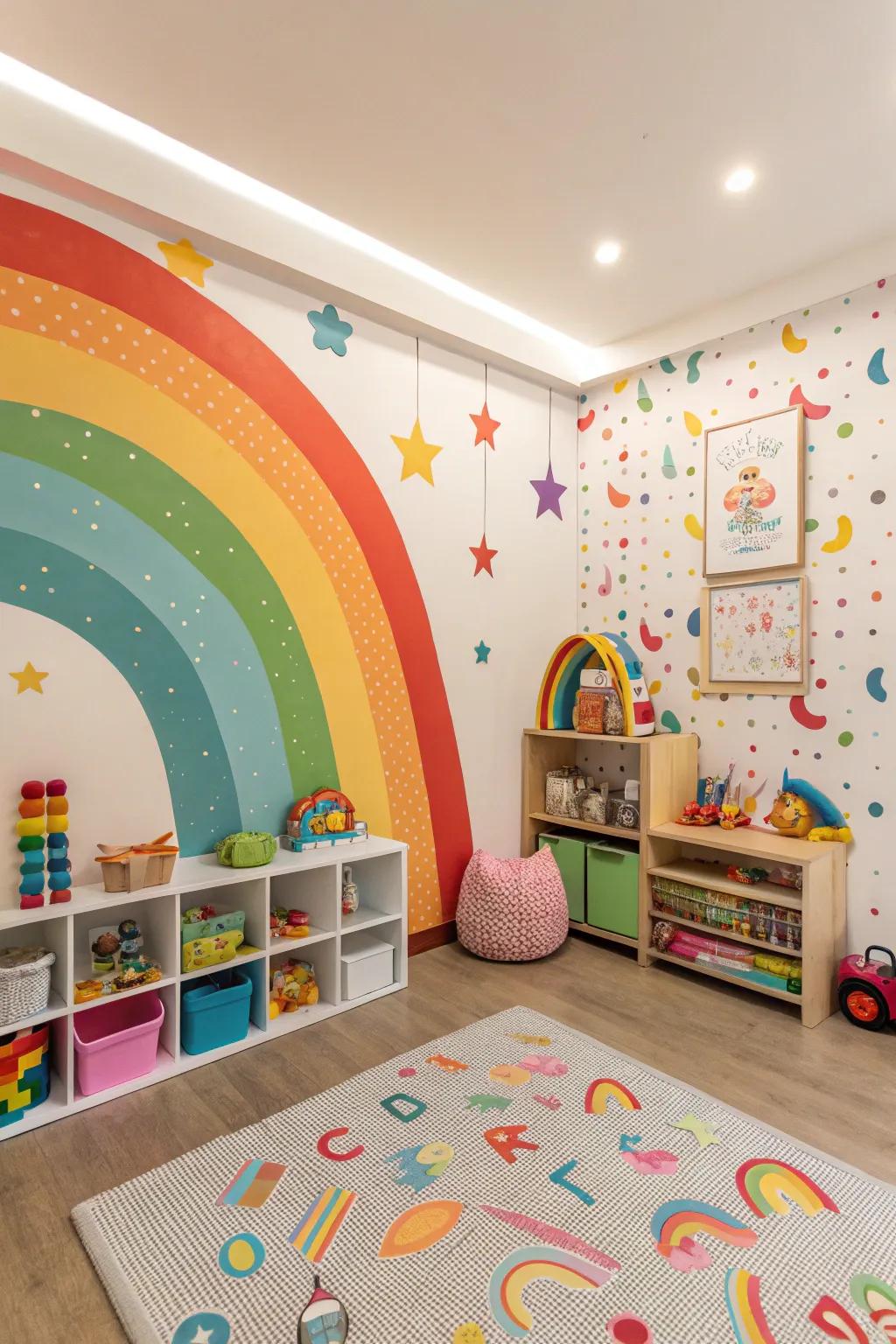 An energetic playroom with rainbow-colored wall decorations, outstanding for igniting delight and creativity.
