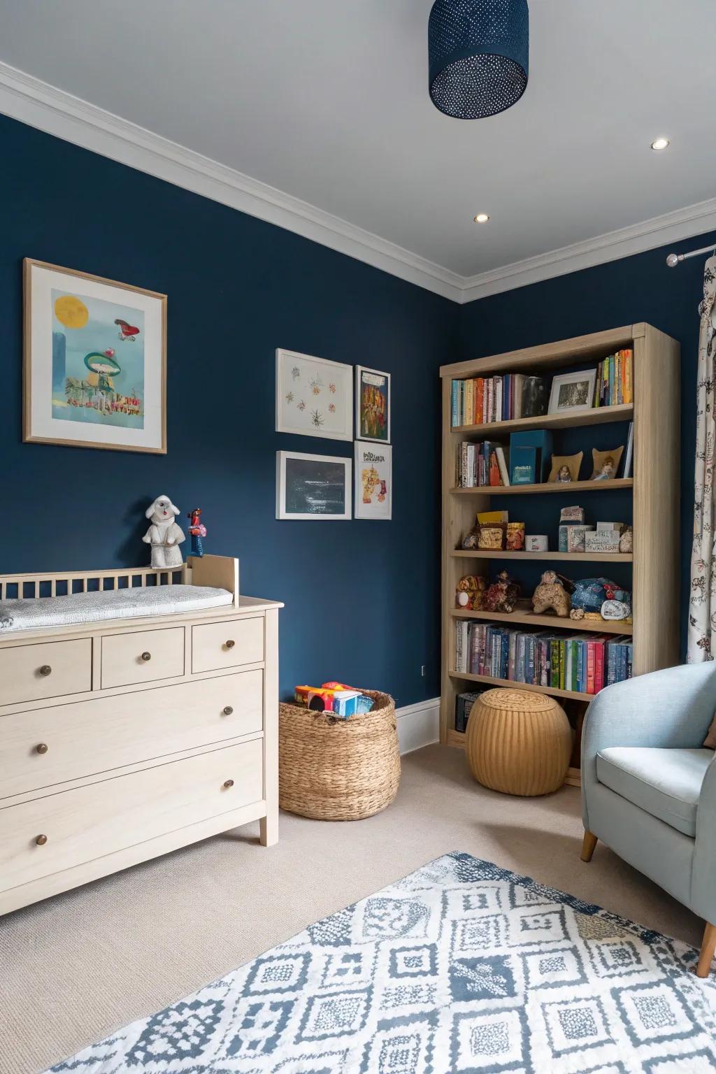 Navy walls coupled with bright furniture fashion a timeless contrast.