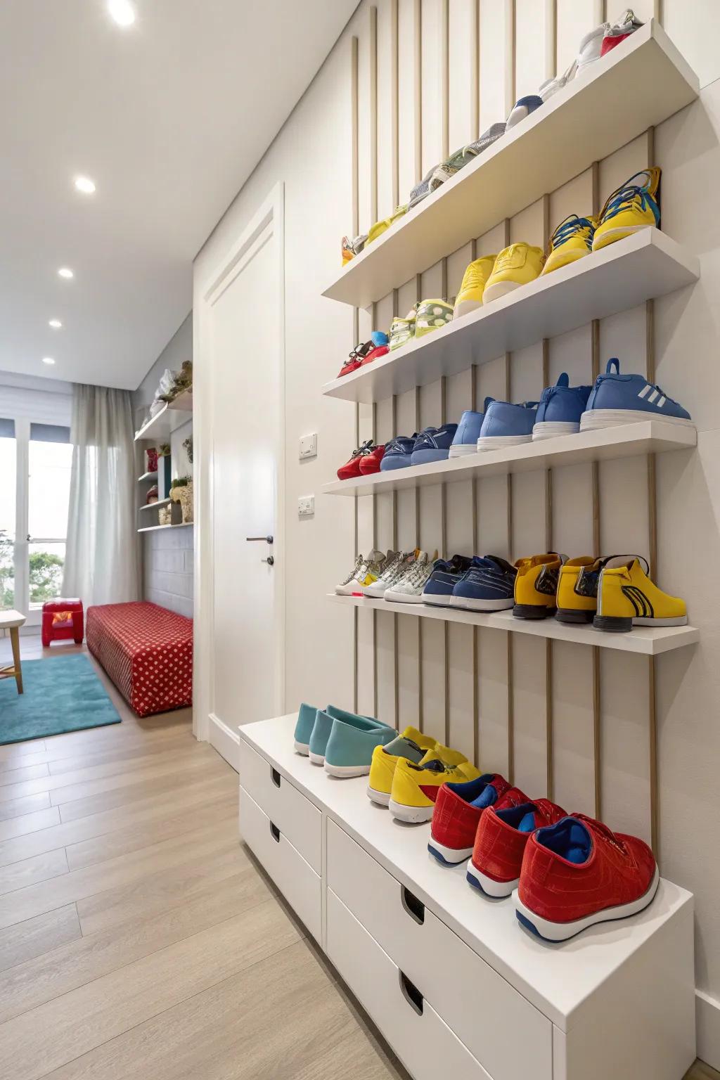 With wall-mounted shelves, exhibit shoes artistically.