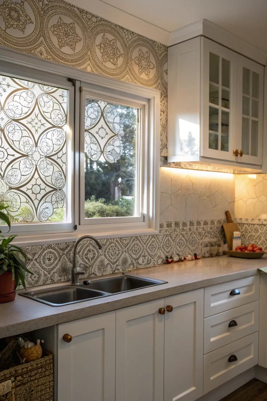 Patterned glass backsplash windows blend privacy and artistic expression in the kitchen.