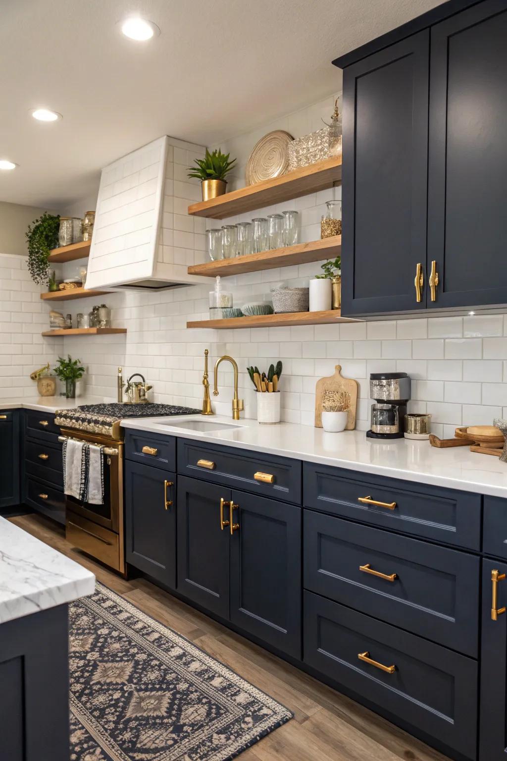 Deep sea blue cabinets offer a captivating and stylish presence.