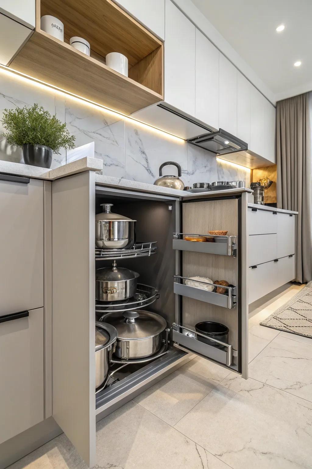 Diagonal cabinets are lifesavers for storing those big, essential kitchen tools.