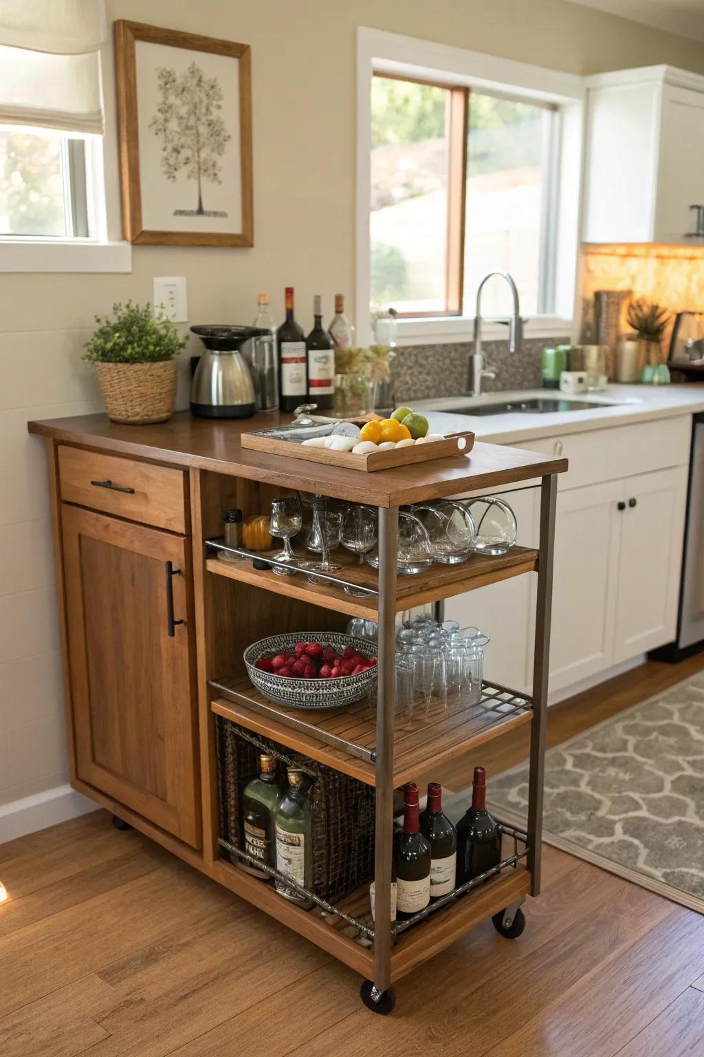 A multi-functional sideboard serves as a practical mobile bar in a small kitchen.