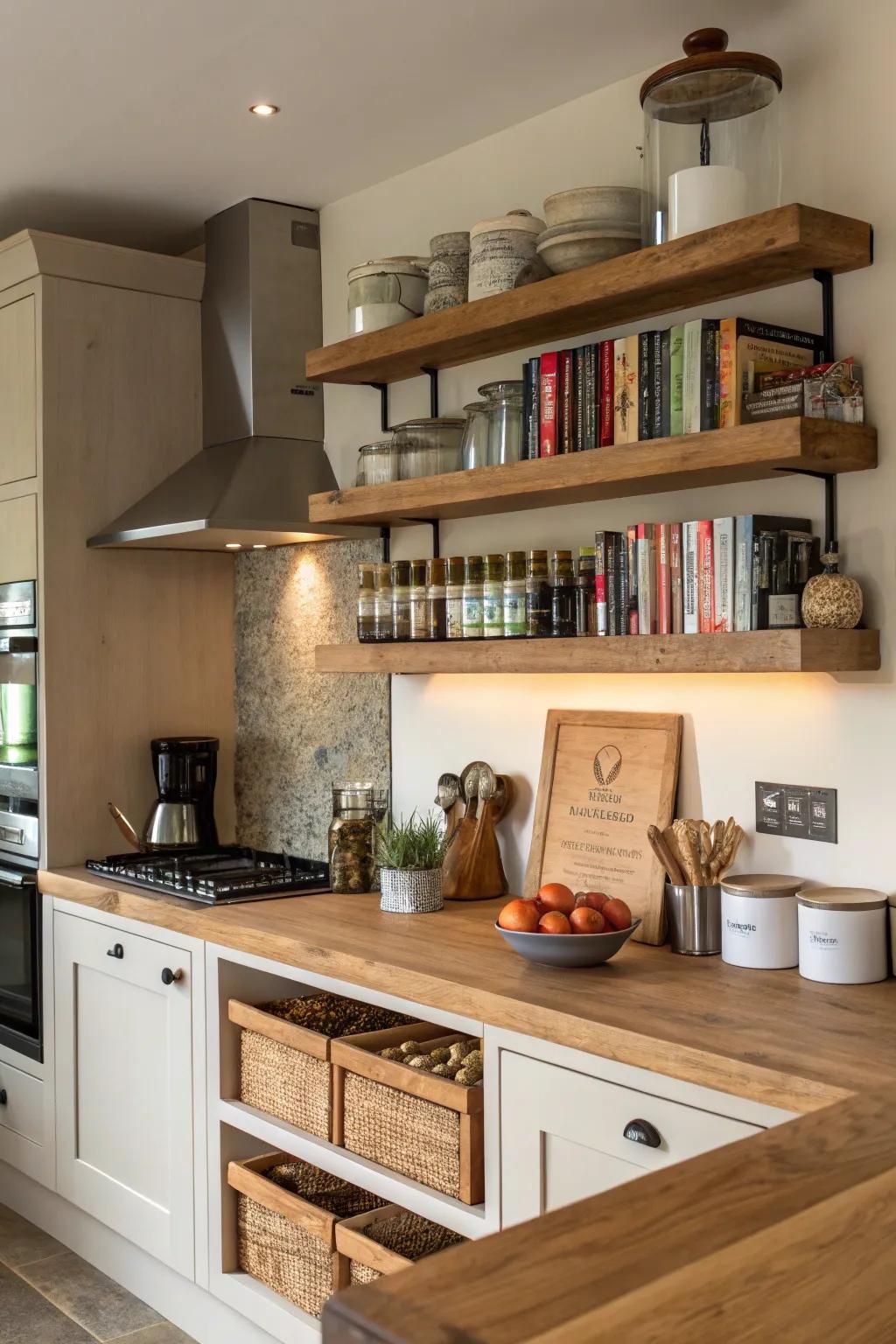 Natural wood shelves add warmth to any kitchen.