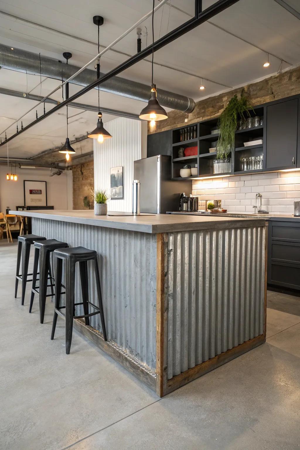 Ribbed metal provides an industrial edge to this cooking island, generating a striking statement.