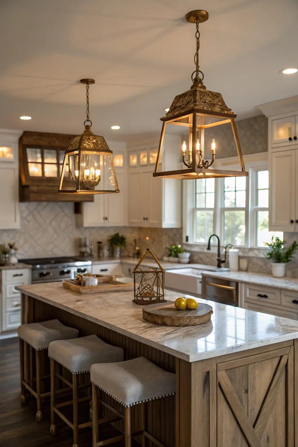 The blend of materials such as gold and timber creates a sense of warmth and character.