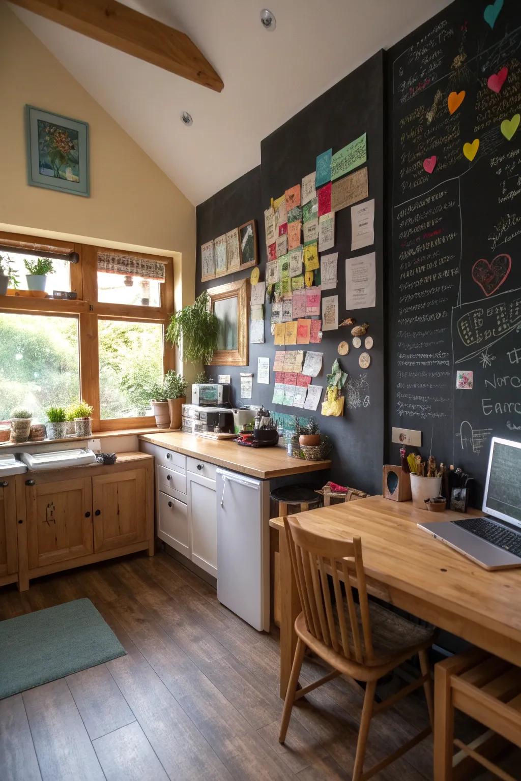 A chalkboard wall offers space for ideas and reminders right in front of you.