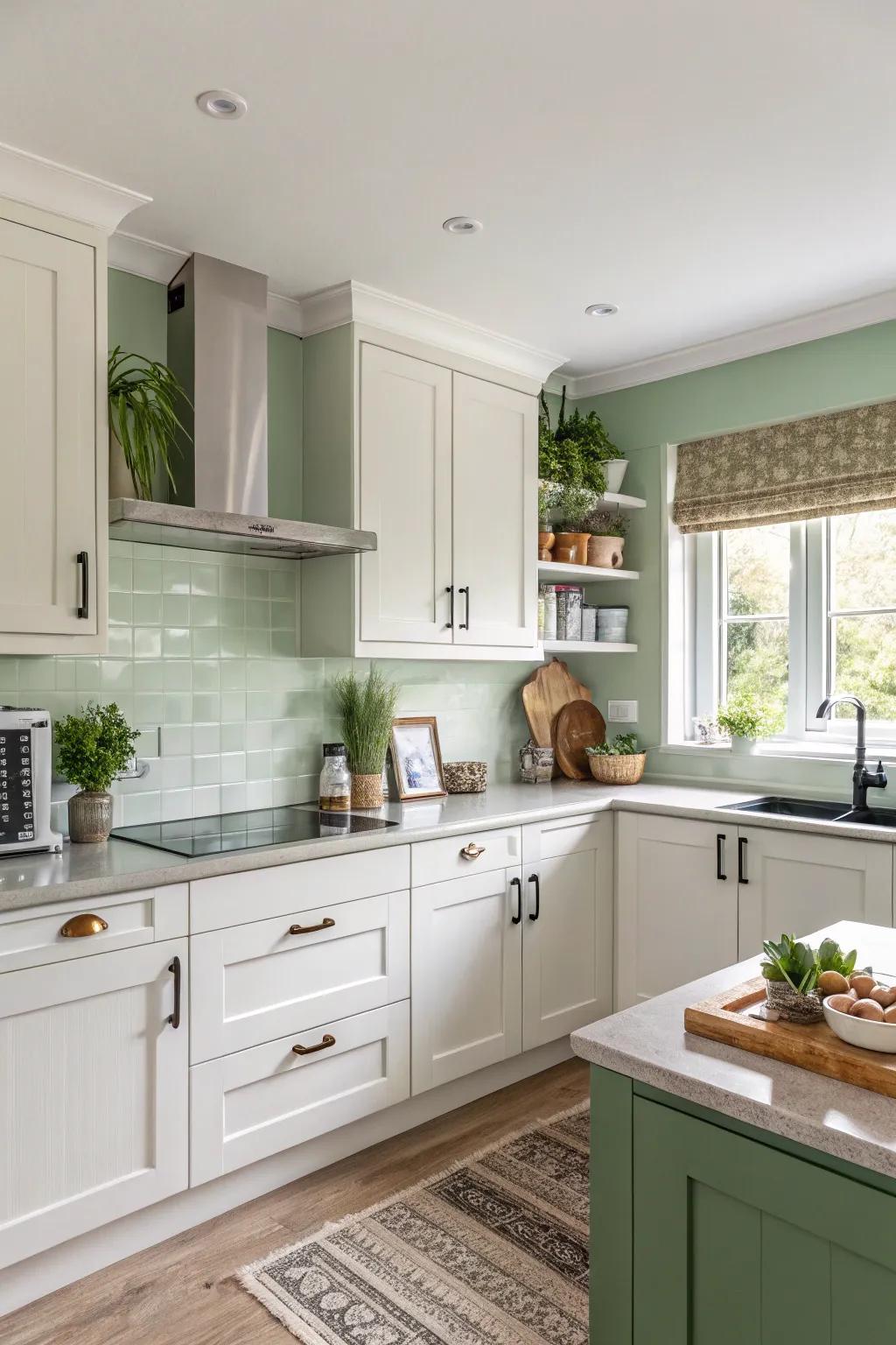 Calming thyme walls boost a natural and peaceful cooking setting.