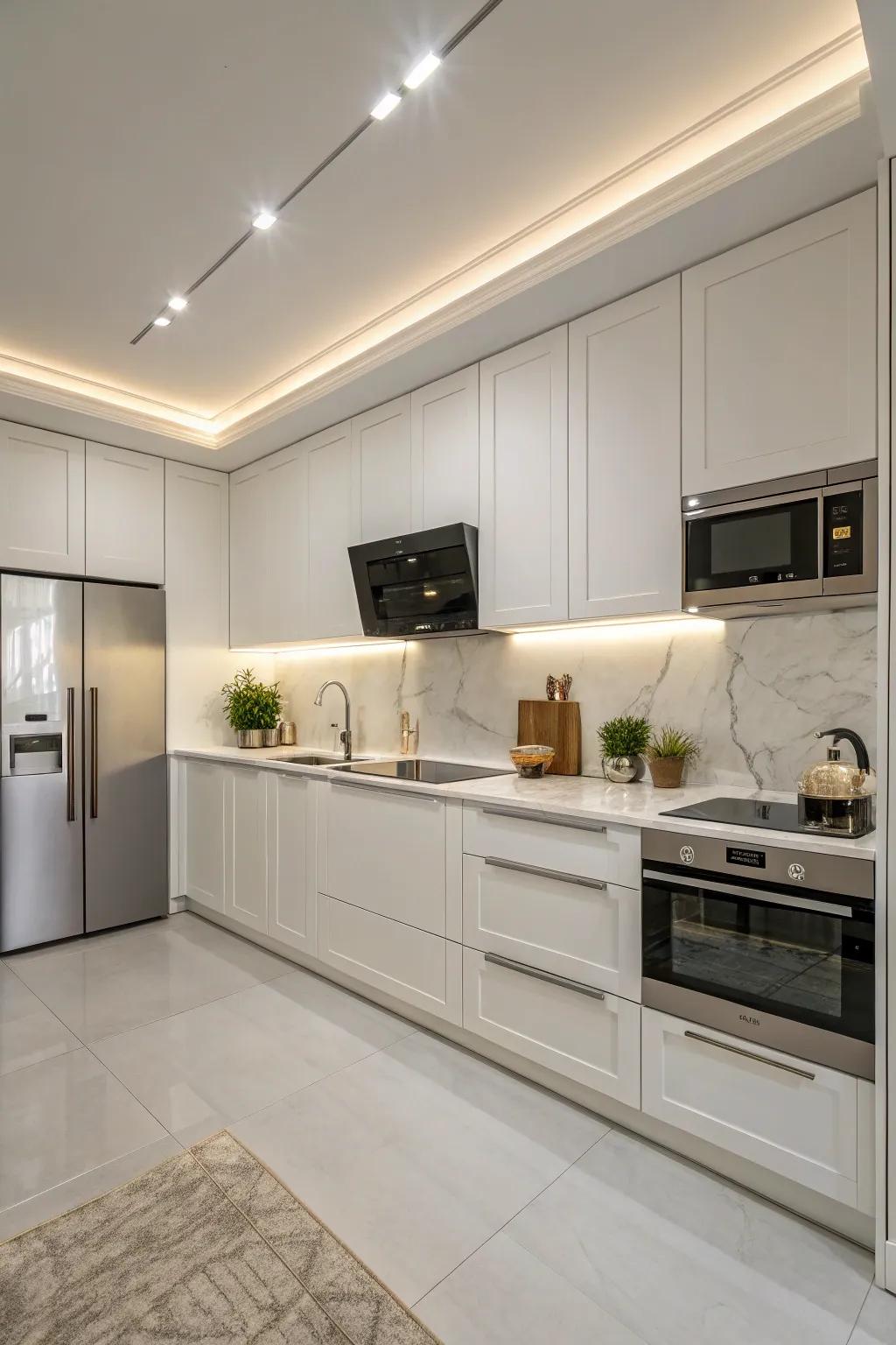 A stylish, minimalist kitchen showcasing modern design aspects.