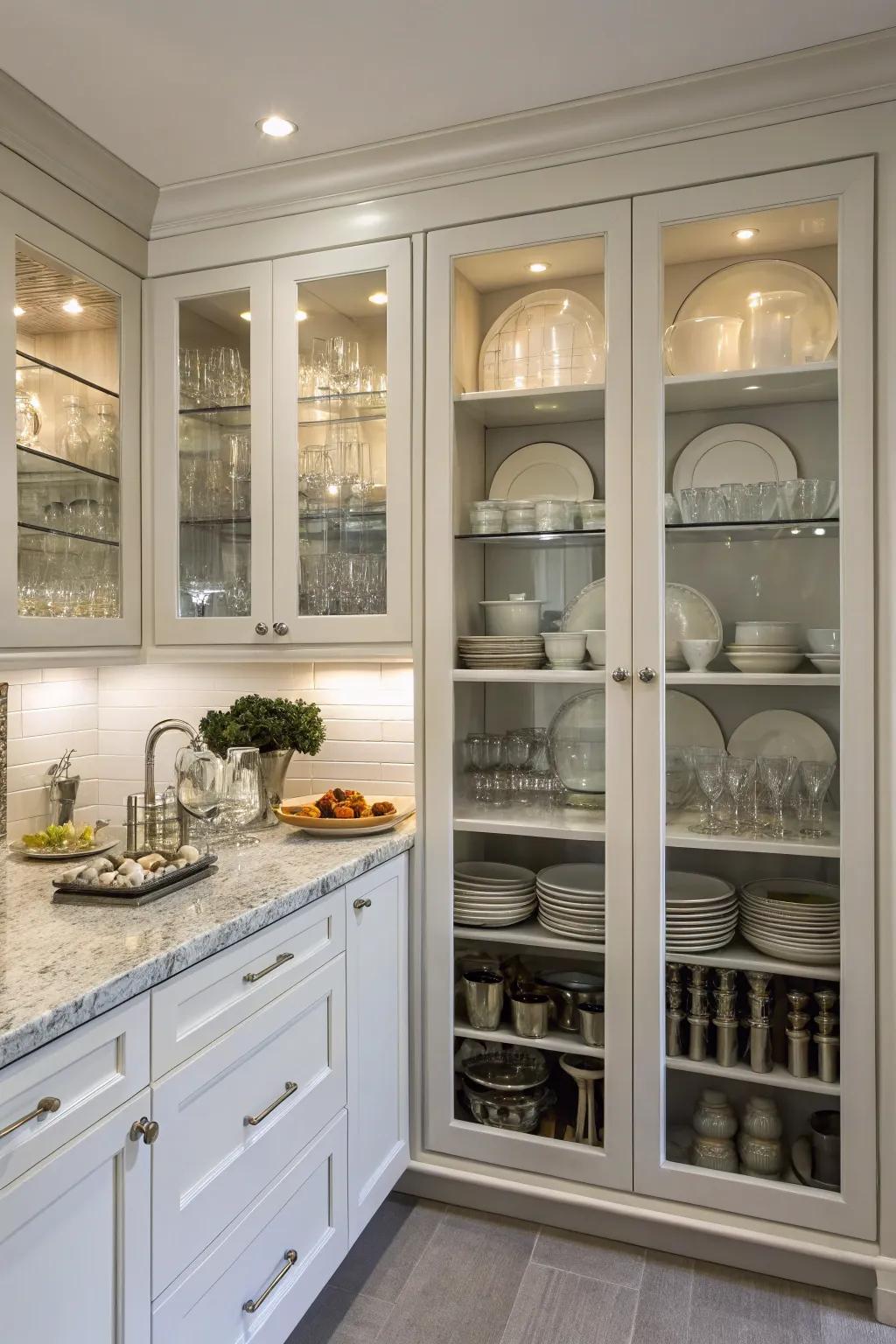 Glass-fronted cupboards attractively displaying dishware.