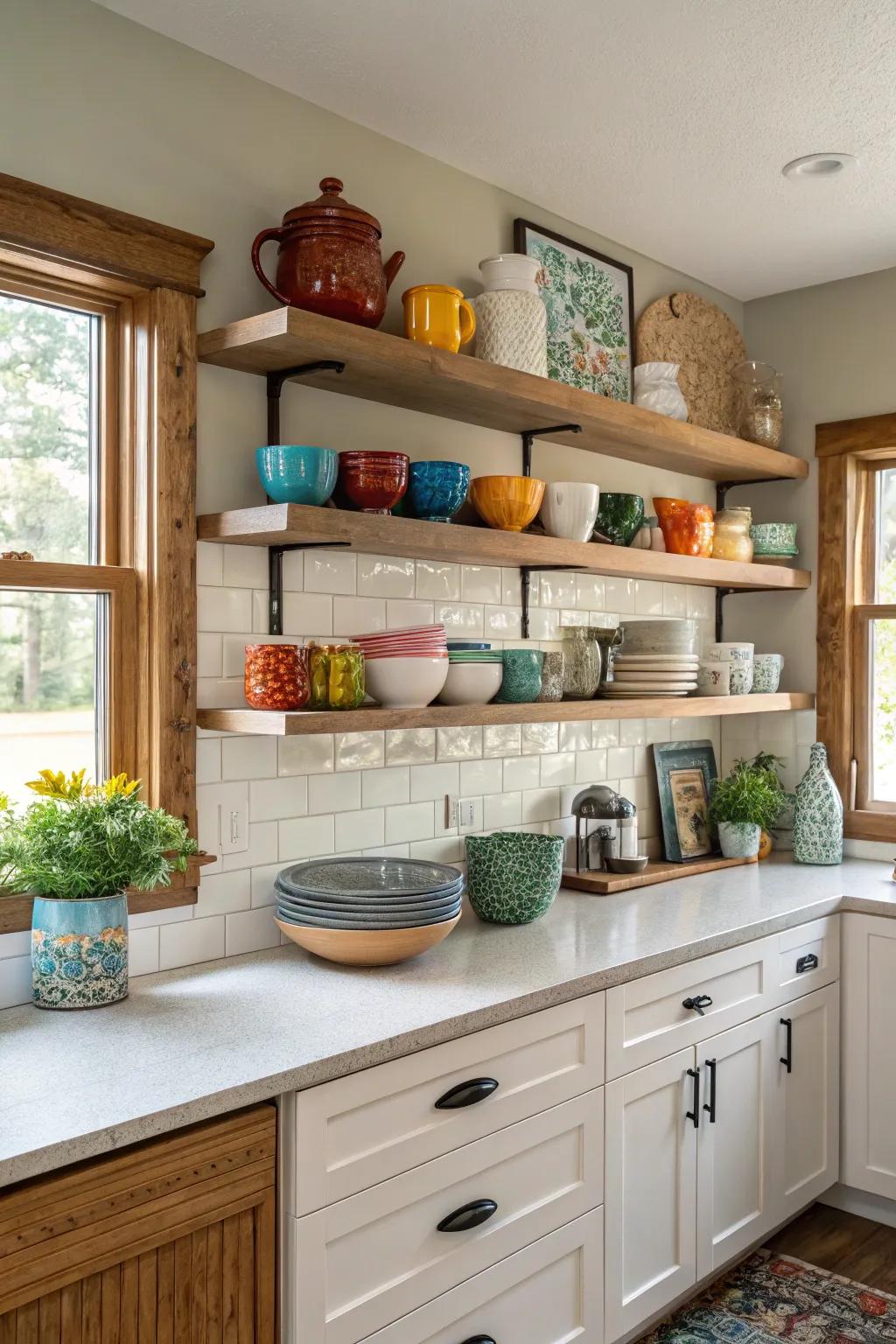 Open shelves in the soffit filled with beautiful kitchenware.