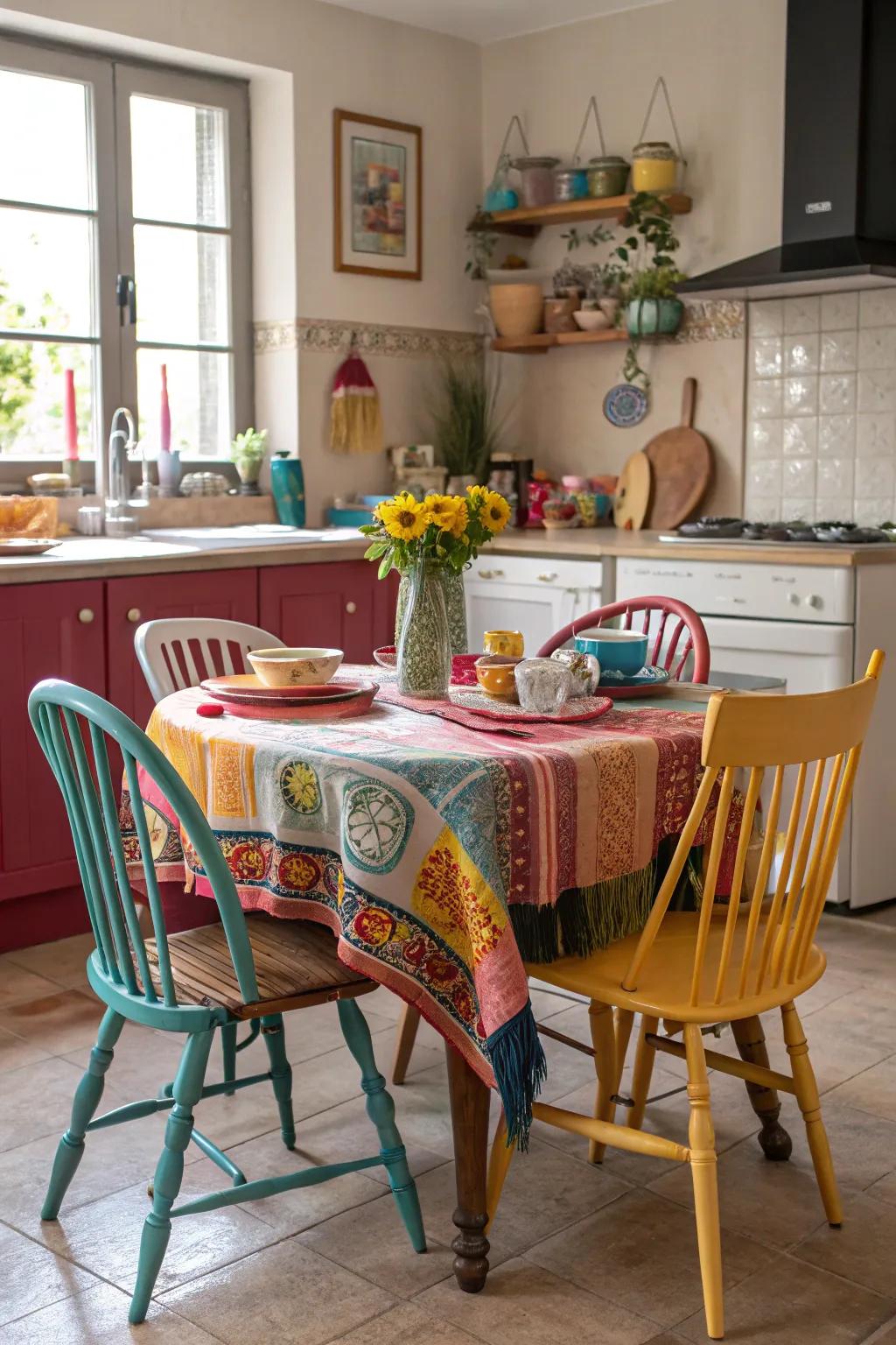 An assortment of chairs brings unique character to the kitchen.