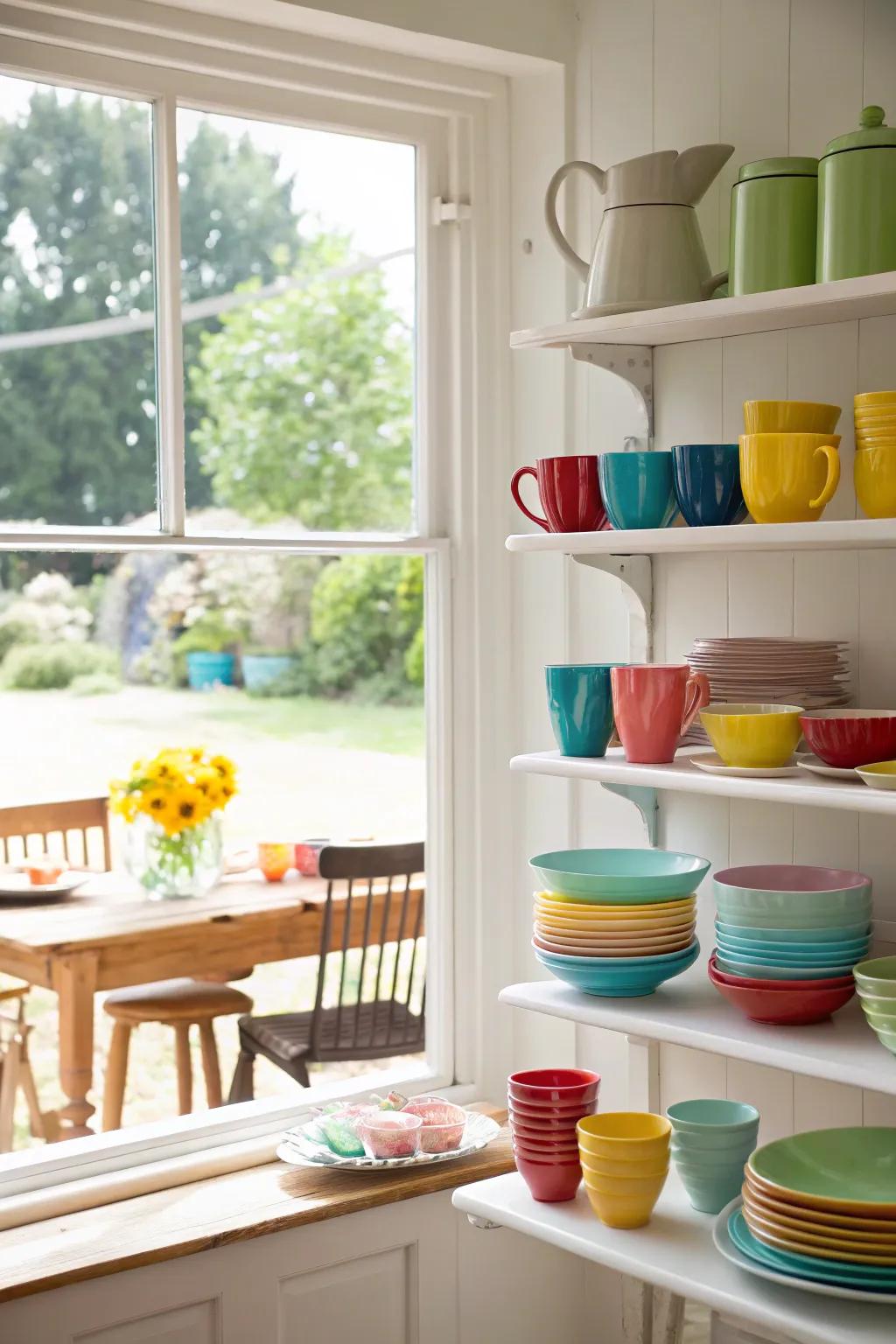 A collection of colorful tableware showcased on kitchen window shelves, adding character to the setting.