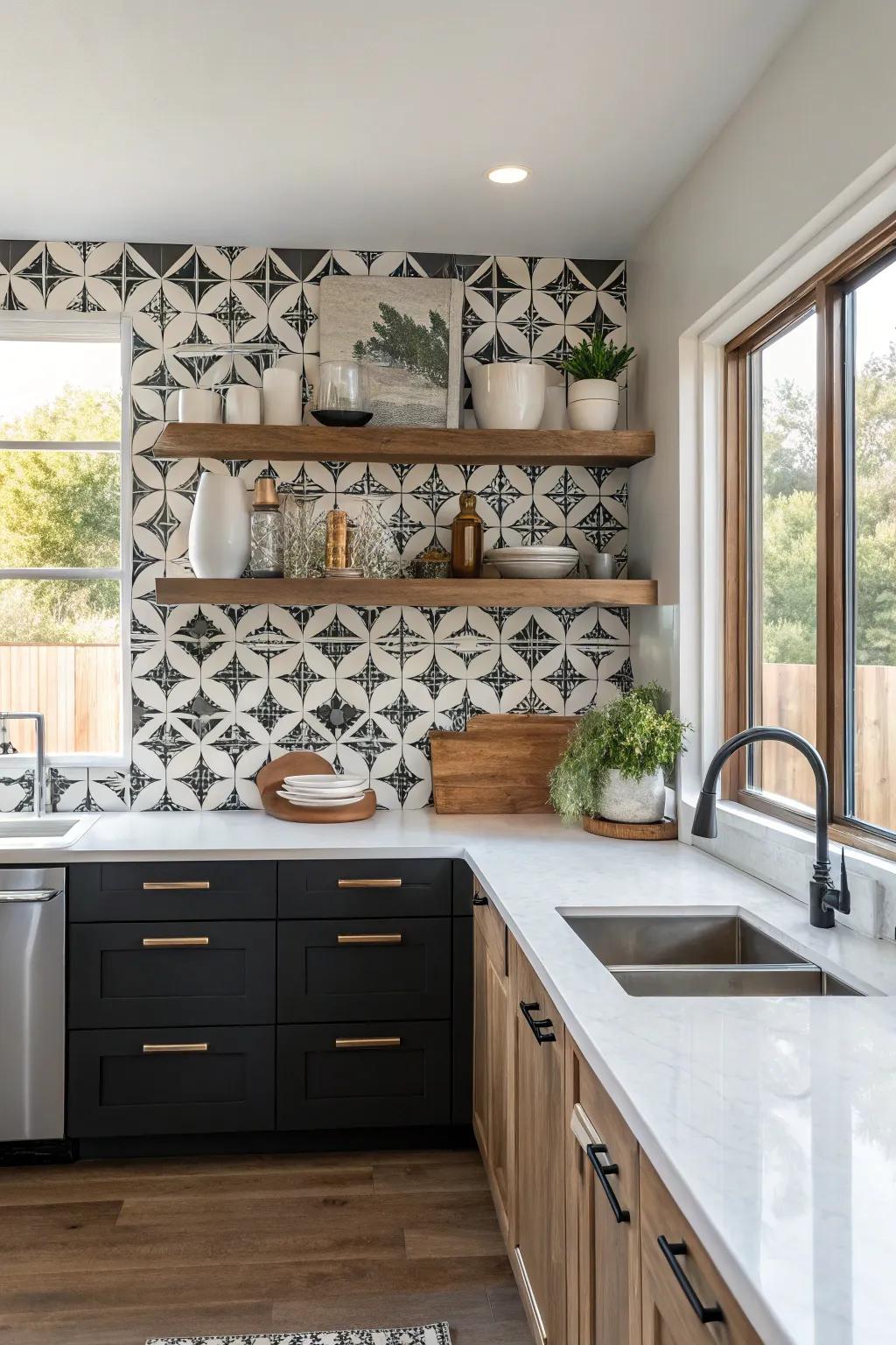 A geometric backsplash introduces a dramatic element to floating shelves.
