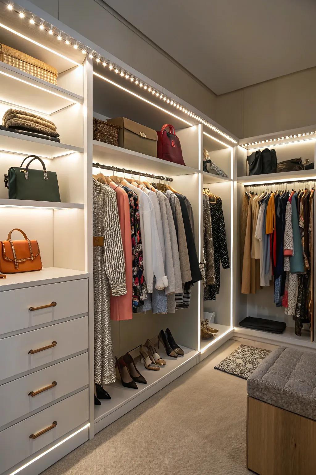Enhance visibility with integrated lighting in your walk-in closet.