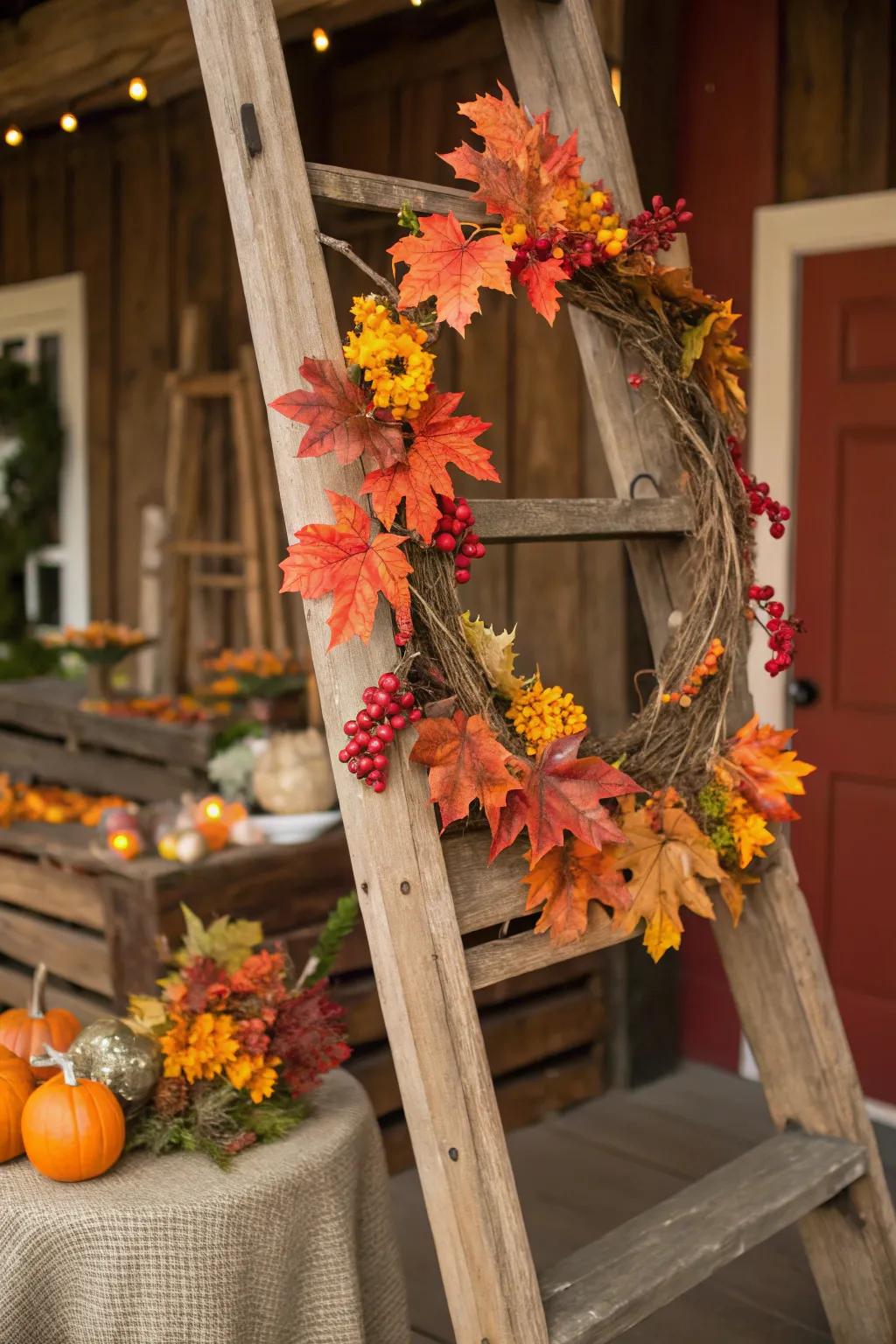 Seasonal adornments on a ladder amplify the festive atmosphere.