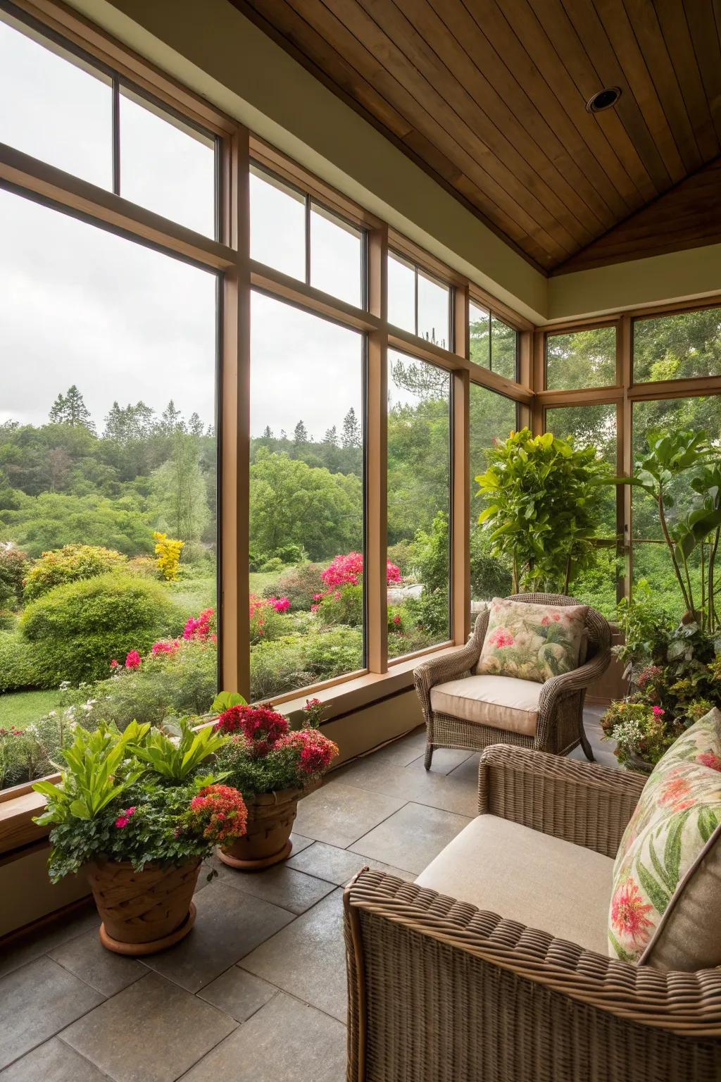 Sunlight bathes this lanai, accentuating the verdant scenery just outside.