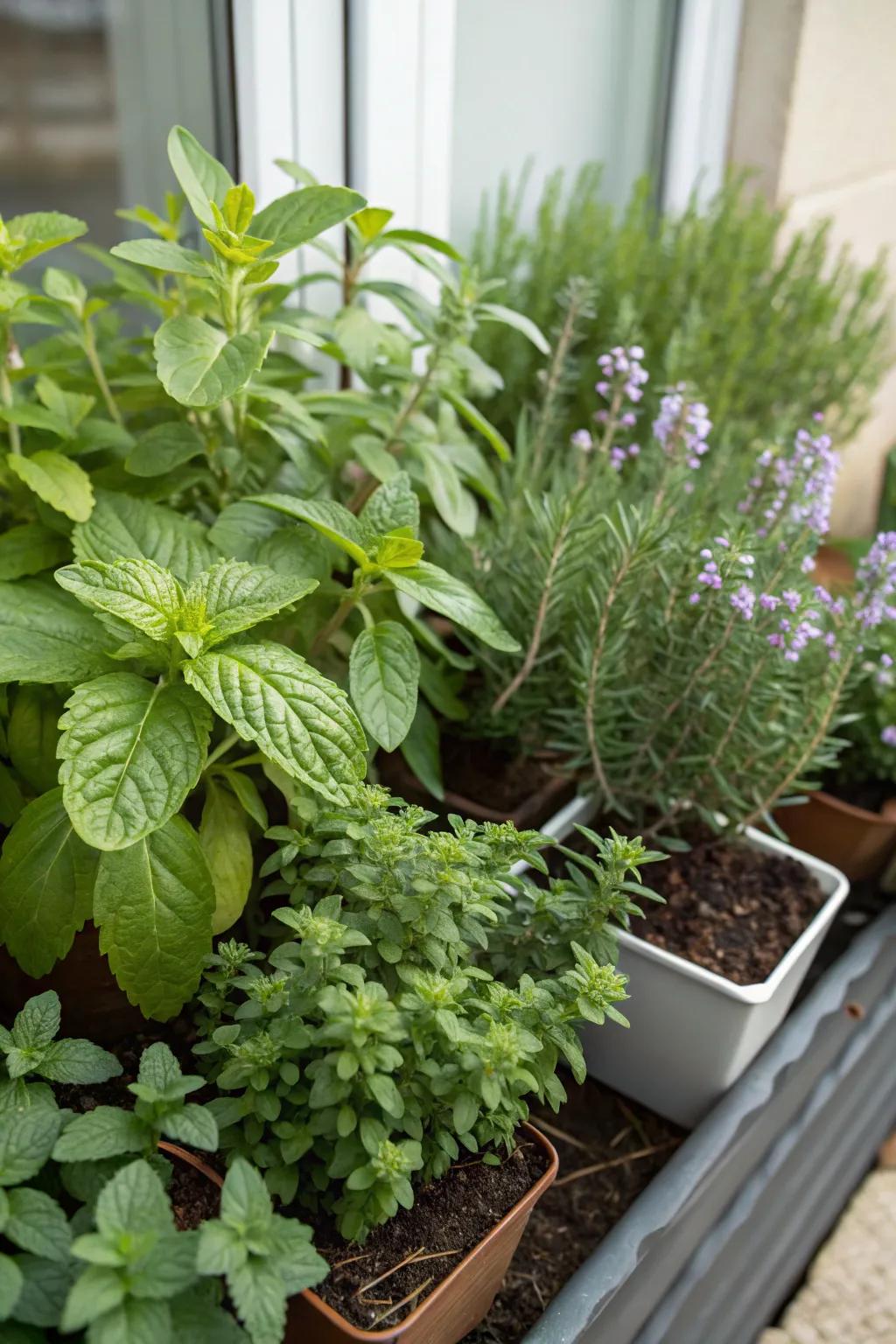 A tiny herb oasis offers both functionality and pleasing fragrances.