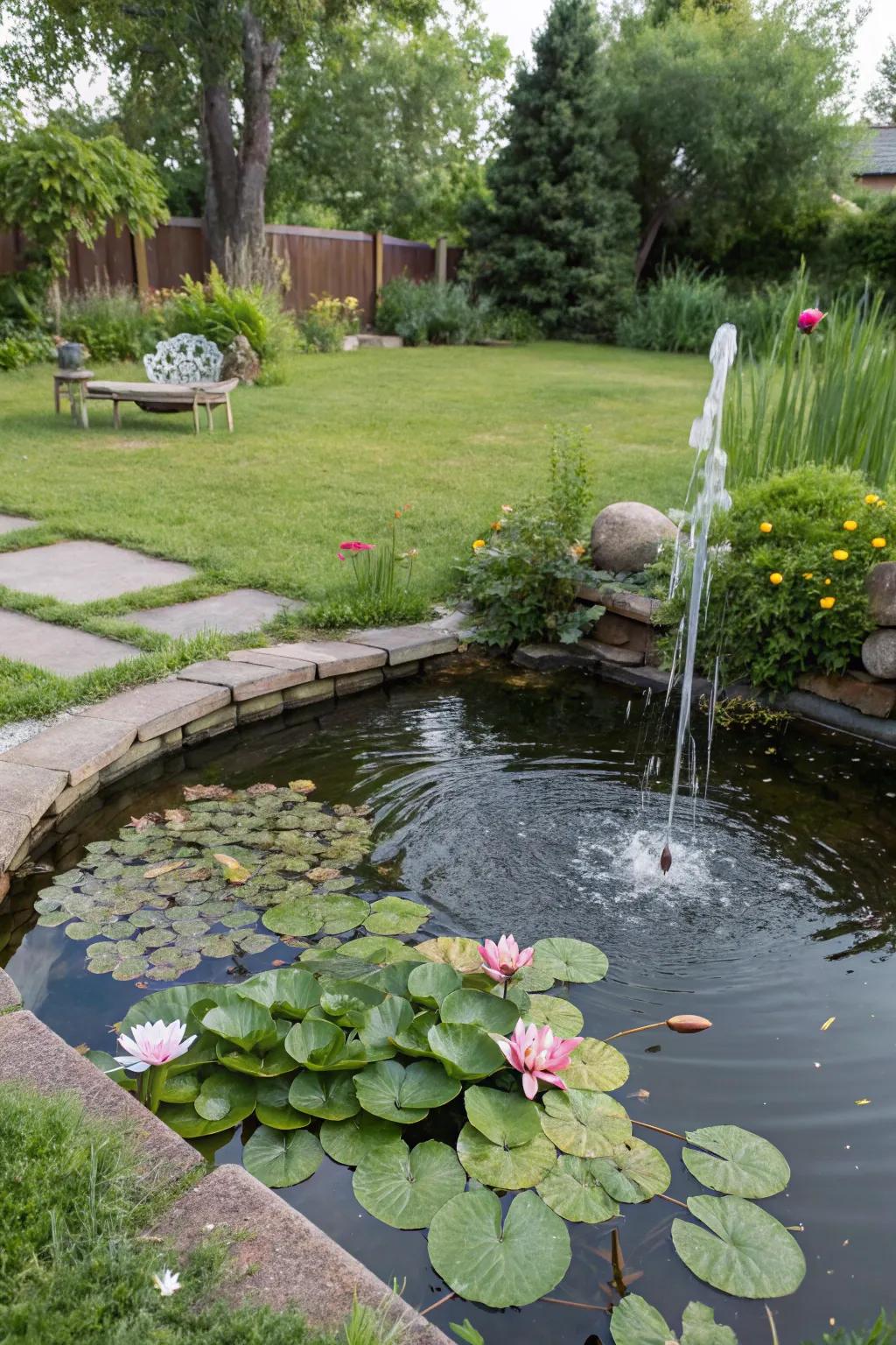 A small garden pond with water lilies and a gentle fountain, creating a tranquil atmosphere.
